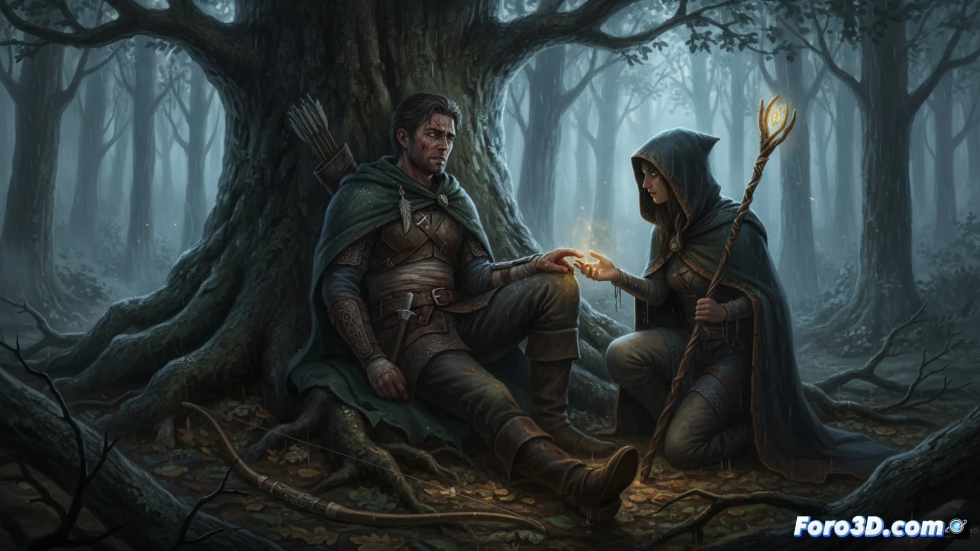 Robin Hood, herido y envejecido, mira al vacío; una mujer enigmática lo sostiene entre sombras y redención.