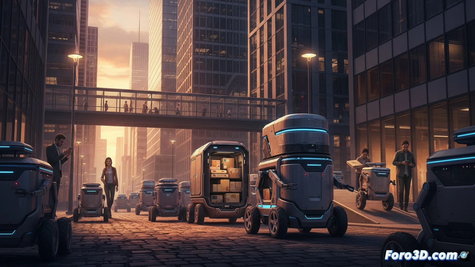 Una fila de robots de entrega circula por una acera urbana al atardecer, simbolizando eficiencia y bajo coste operativo.