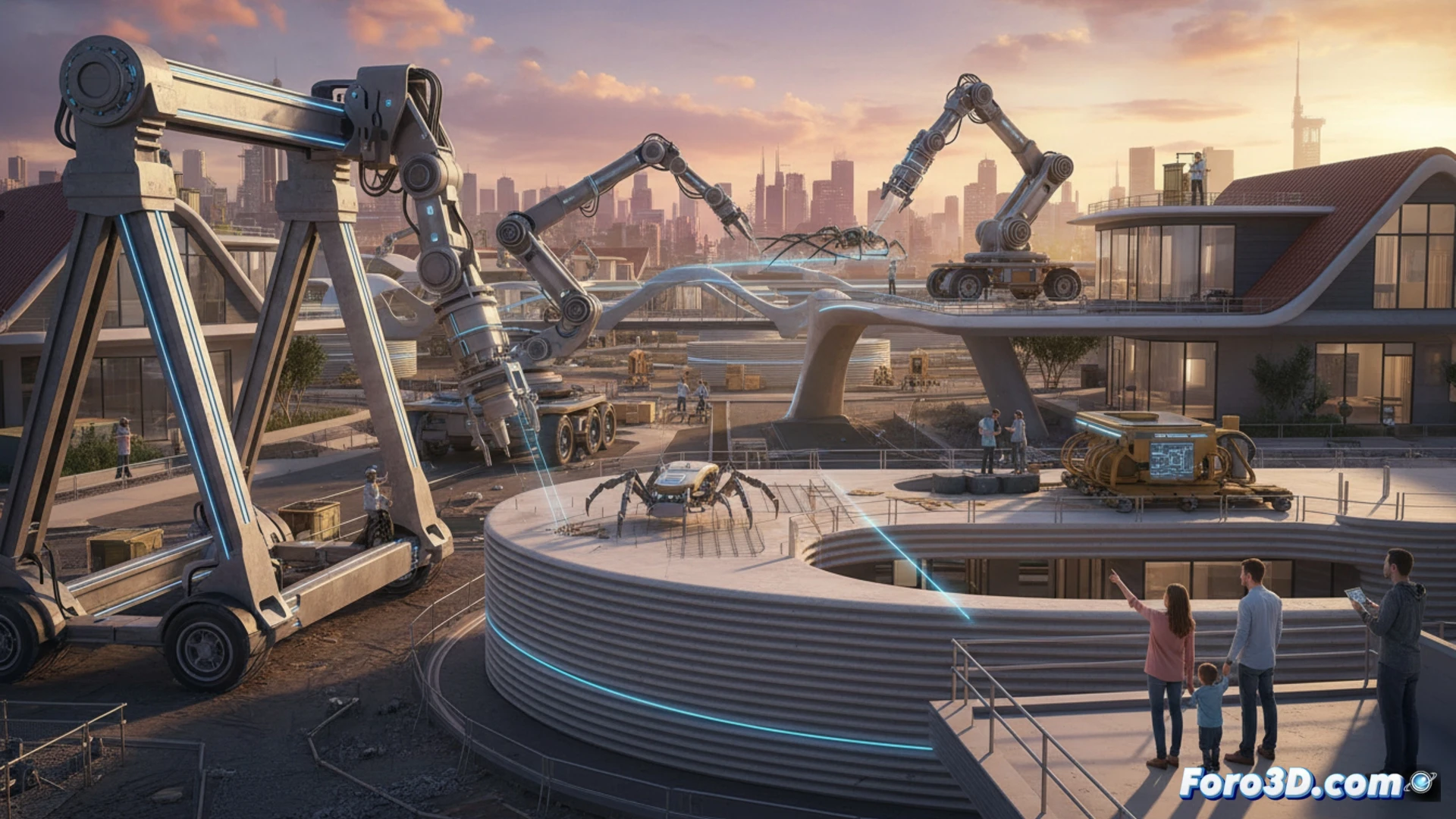 Robots industriales imprimiendo en 3D los muros de una casa, fusionando tecnología digital y construcción tradicional.