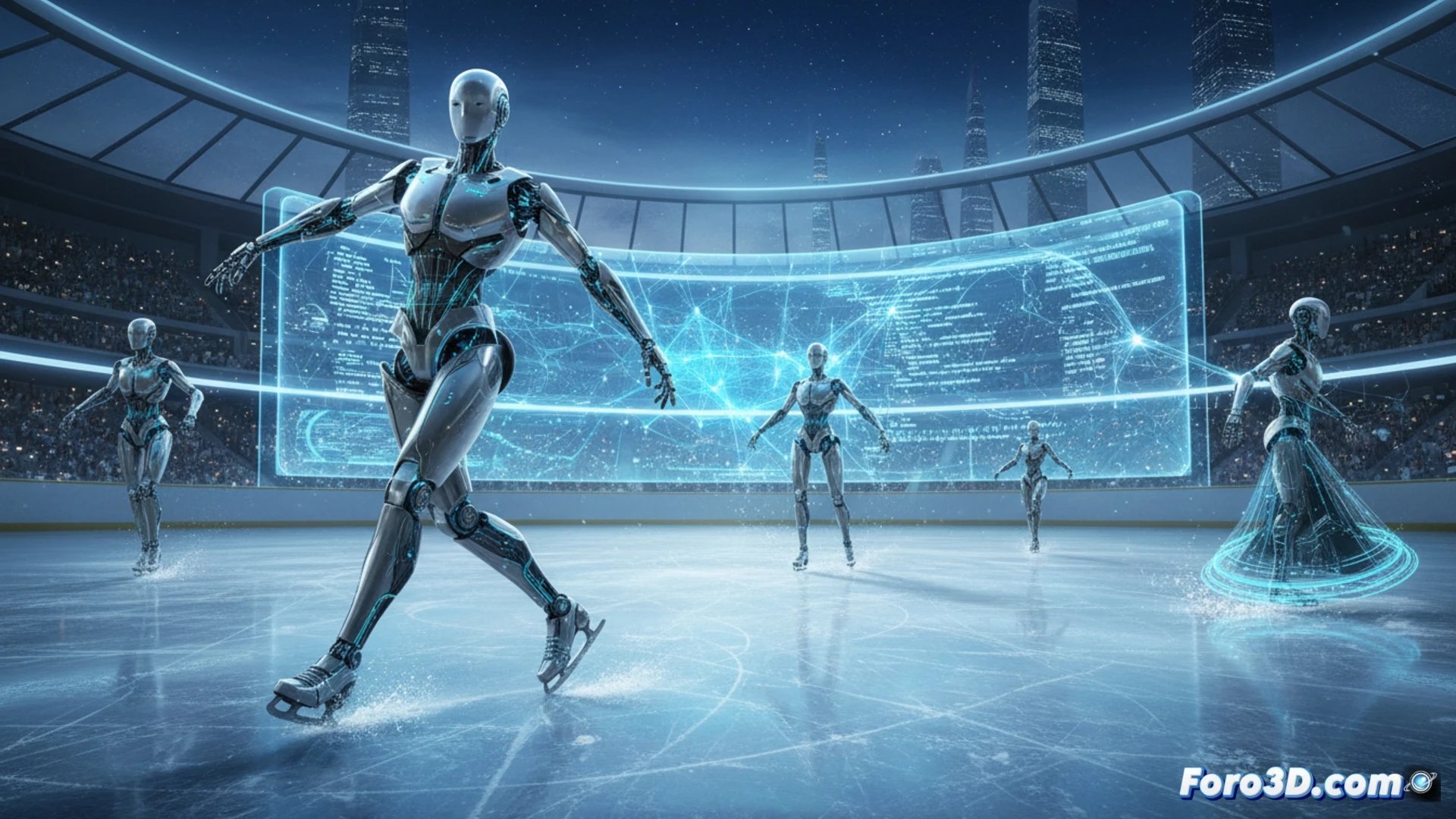 Robot humanoide Unitree G1 patina sobre hielo con giros precisos, movimientos fluidos y luces de pista reflejadas en el suelo helado.