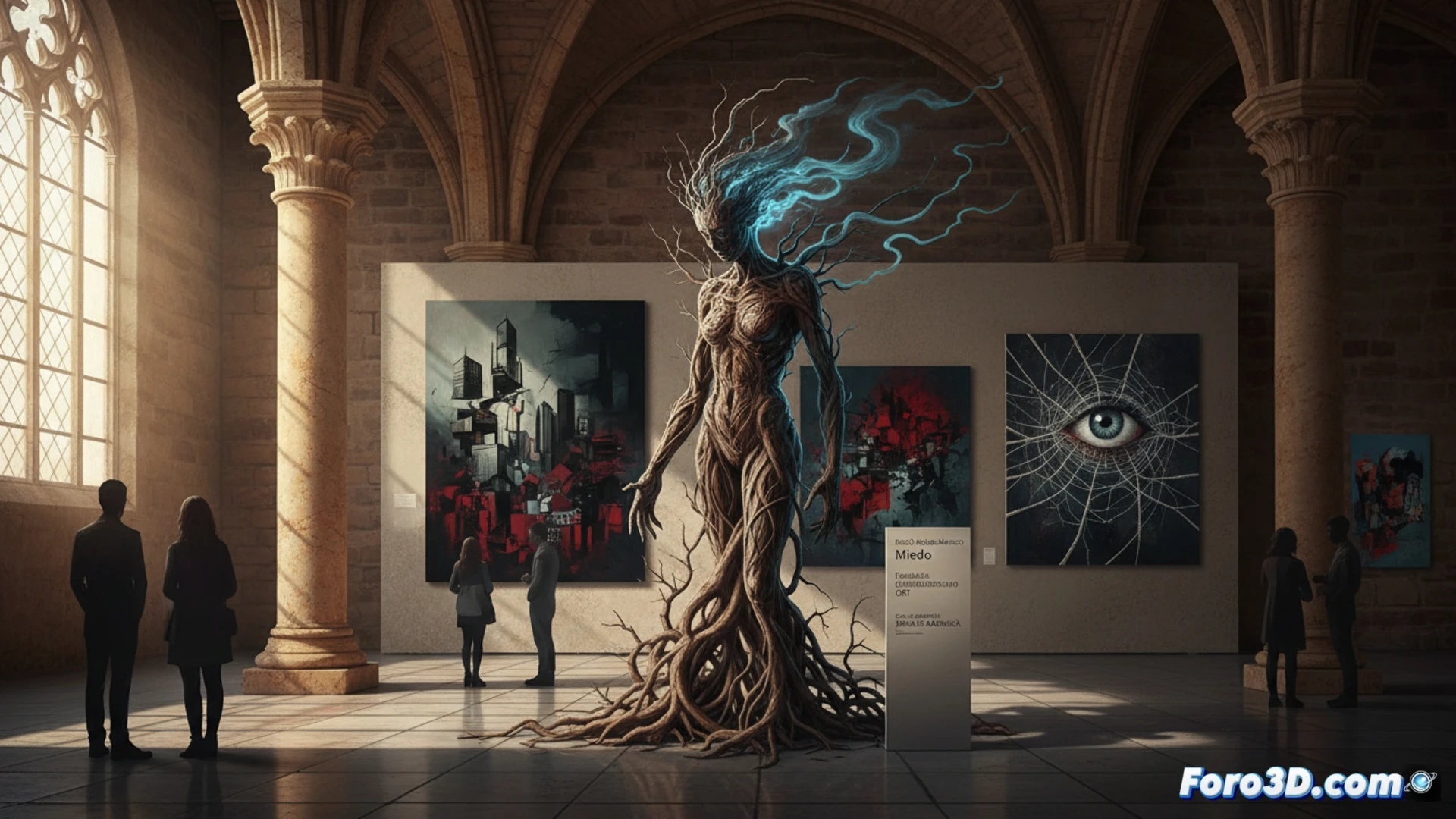 Una mujer contempla una instalación artística sobre el miedo, en una sala de exposiciones con paredes blancas y luz tenue.