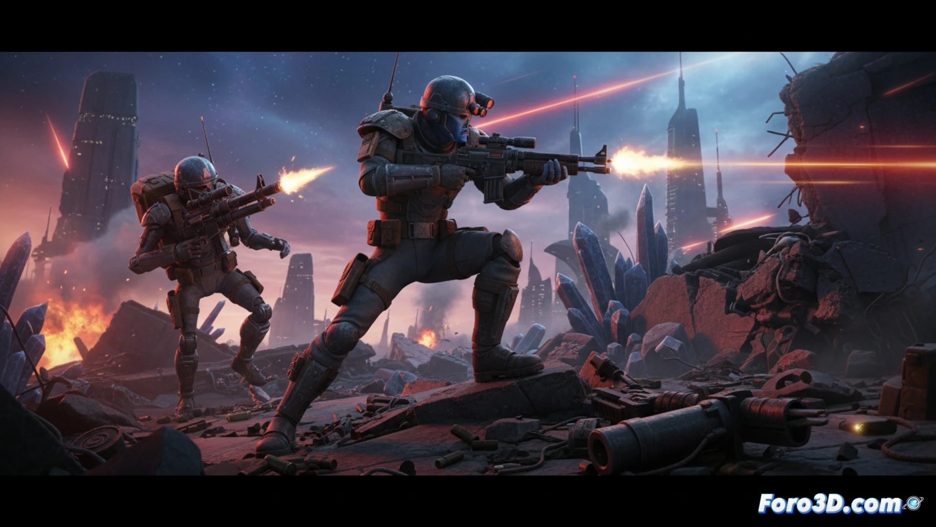 Un soldado genético azul en un campo de batalla futurista, junto a su compañero de equipo y armadura.