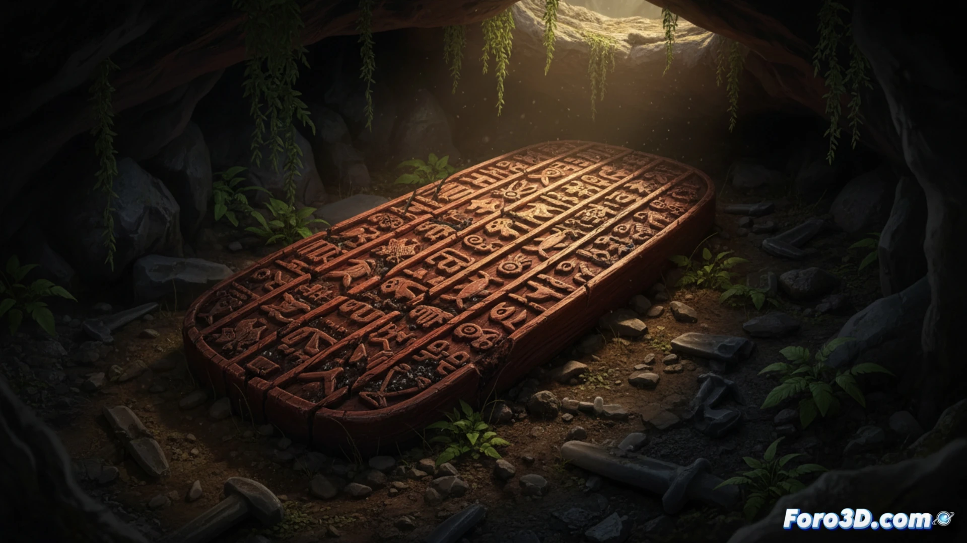 Tablilla de madera con antiguos glifos Rongorongo, capturada mediante escaneo 3D de alta precisión para su estudio digital.