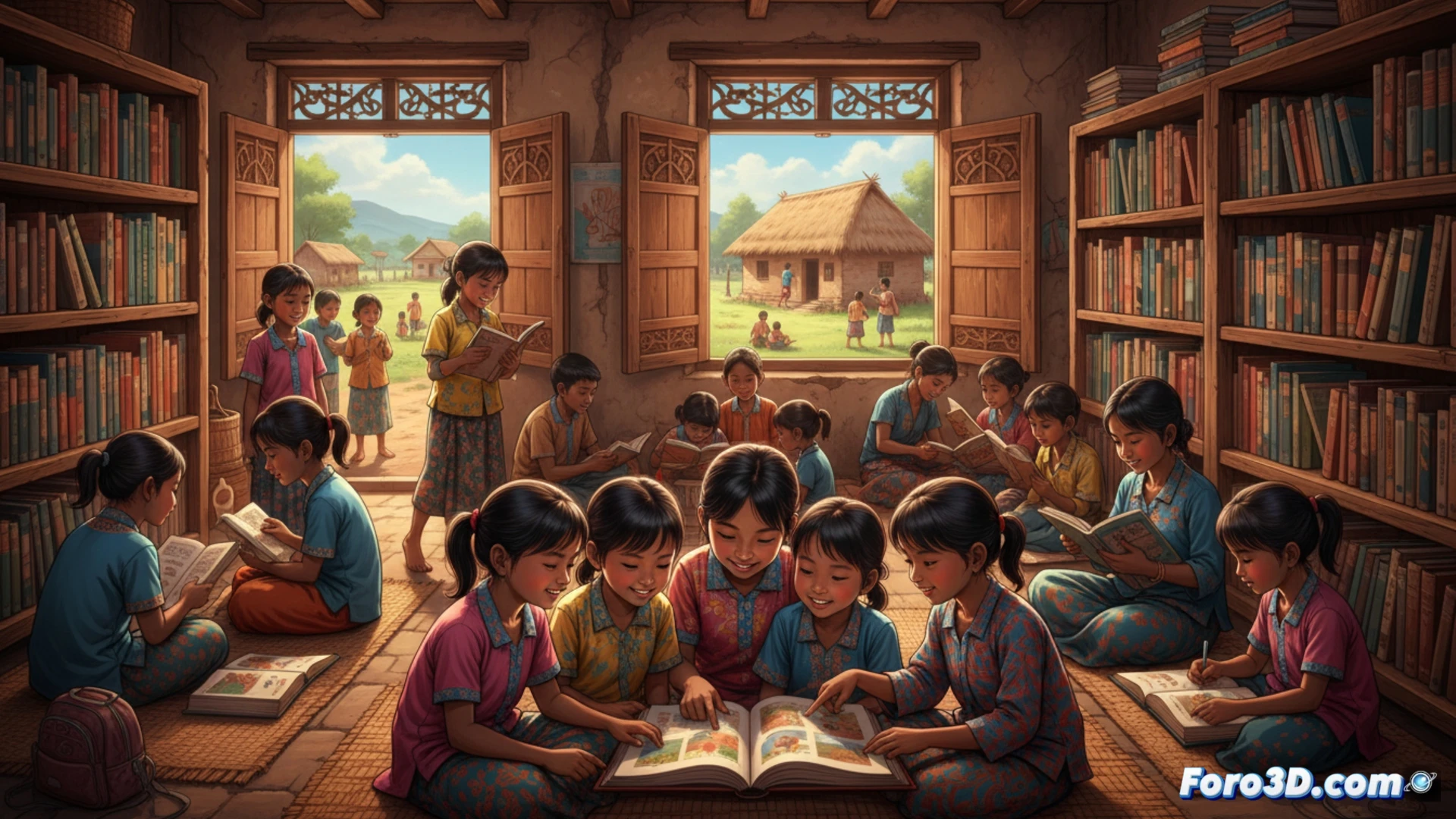 Una niña sonriente lee un libro en una colorida biblioteca escolar, rodeada de estantes llenos.