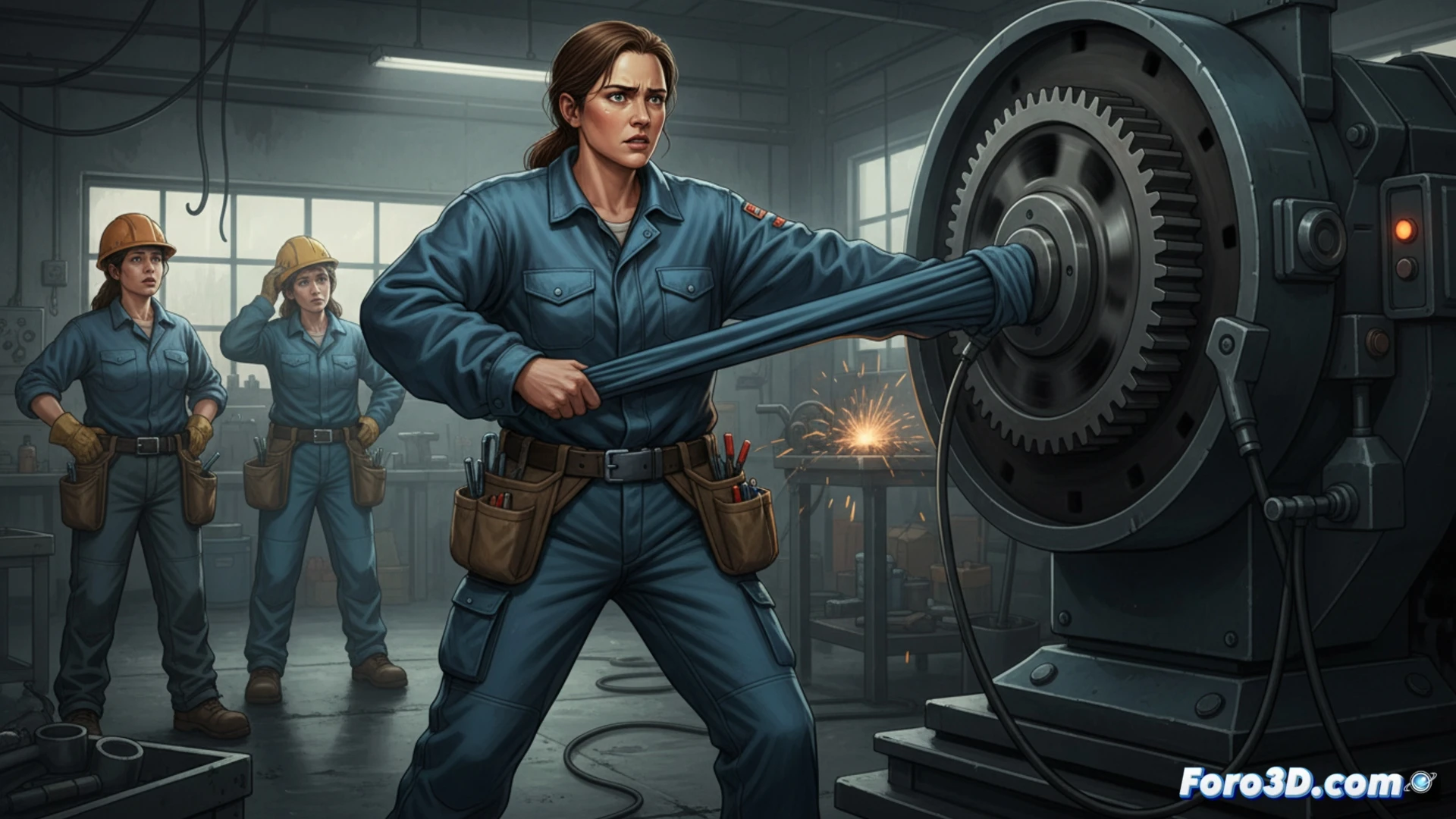 Una trabajadora con un mono industrial holgado y mal ajustado, con mangas largas que podrían engancharse en maquinaria.