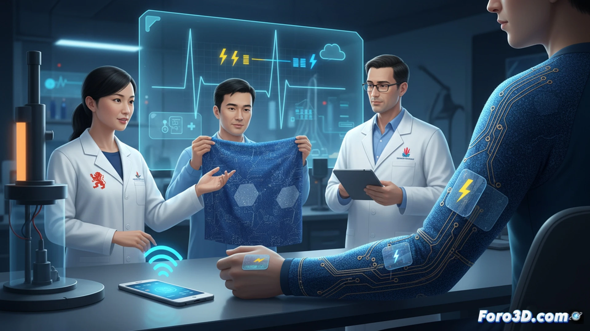 Un maniquí viste una camiseta gris con paneles azules brillantes. Un smartphone emite ondas de luz hacia el tejido. Sin cables ni baterías, el sistema mide la presión arterial en tiempo real sobre un gráfico digital.