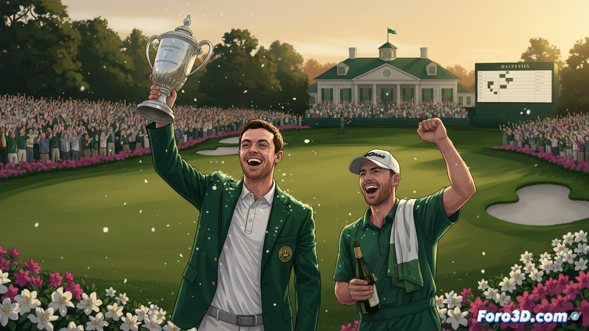 Rory McIlroy celebra su victoria con su caddie Harry Diamond, repitiendo triunfo en el Masters de Augusta.