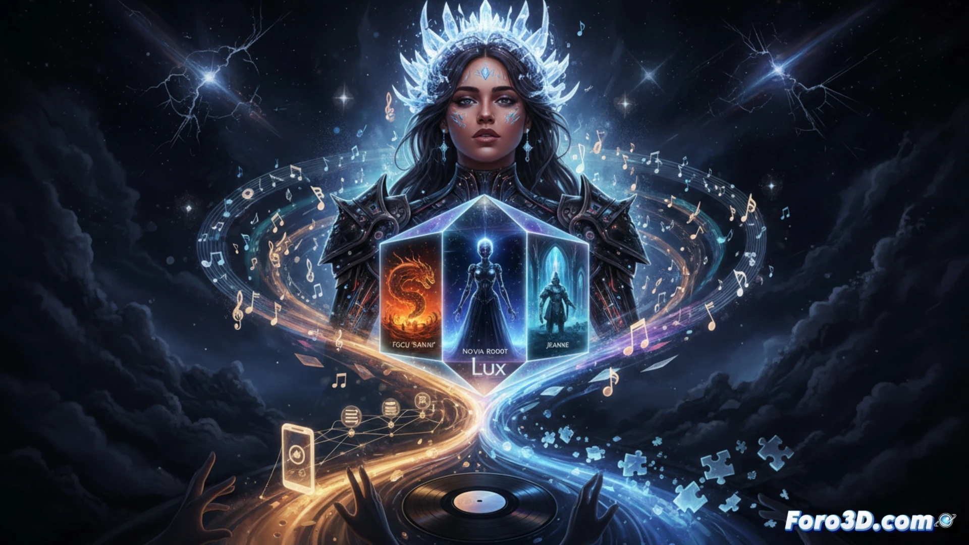 Rosalía posa junto a vinilos de 'Lux', con un teléfono mostrando su nuevo videoclip y temas inéditos en streaming.