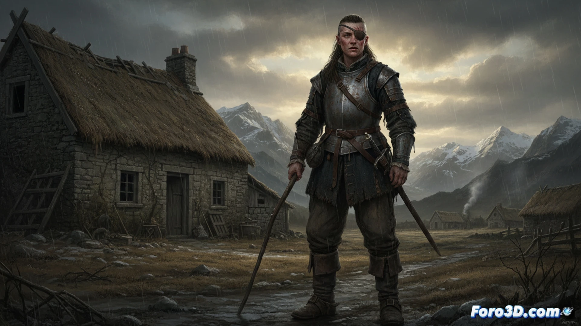 Una mujer con cicatrices y ropa de hombre del siglo XVII mira desafiante desde un paisaje invernal solitario.