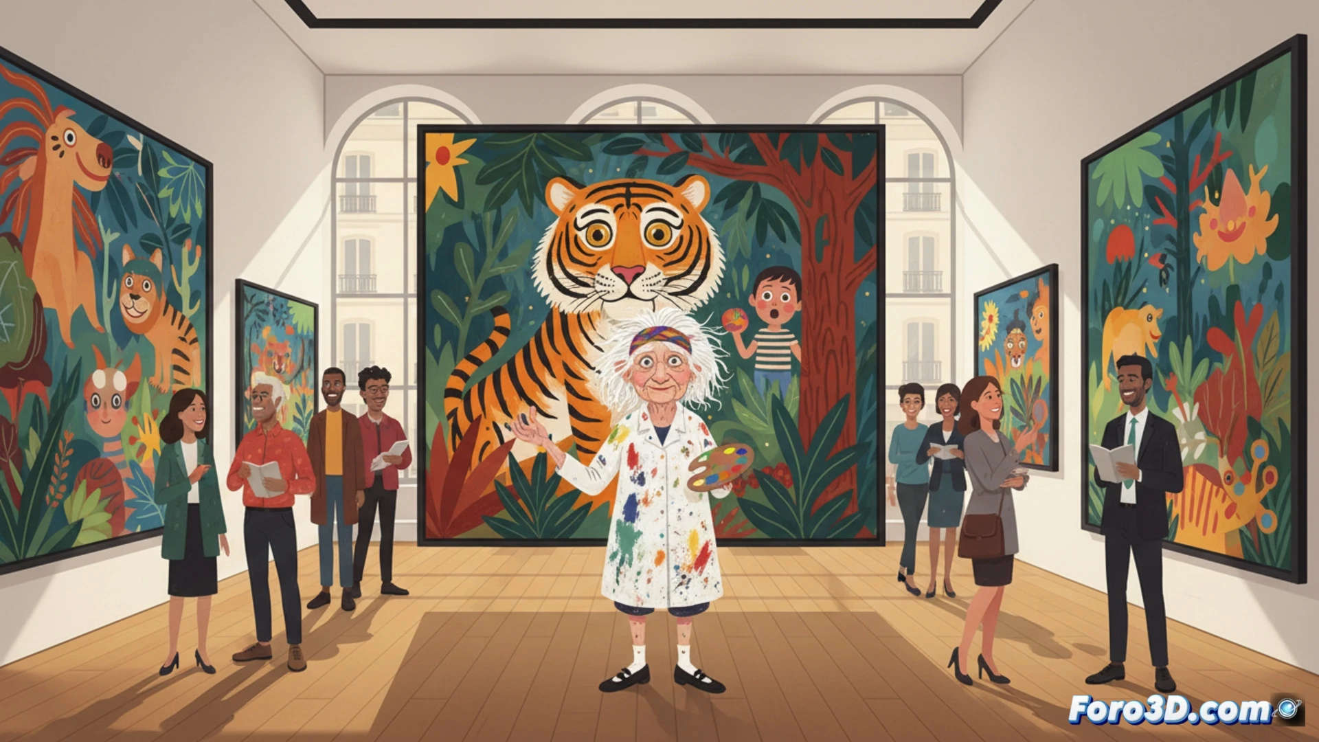 Una pintora nonagenaria junto a su obra colorida y lúdica, en una galería parisina.