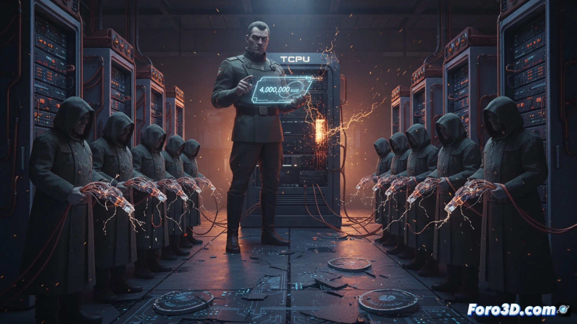 Un inspector de Roskomnadzor revisa documentos frente a servidores con equipos TSPU etiquetados como 'no conforme'.