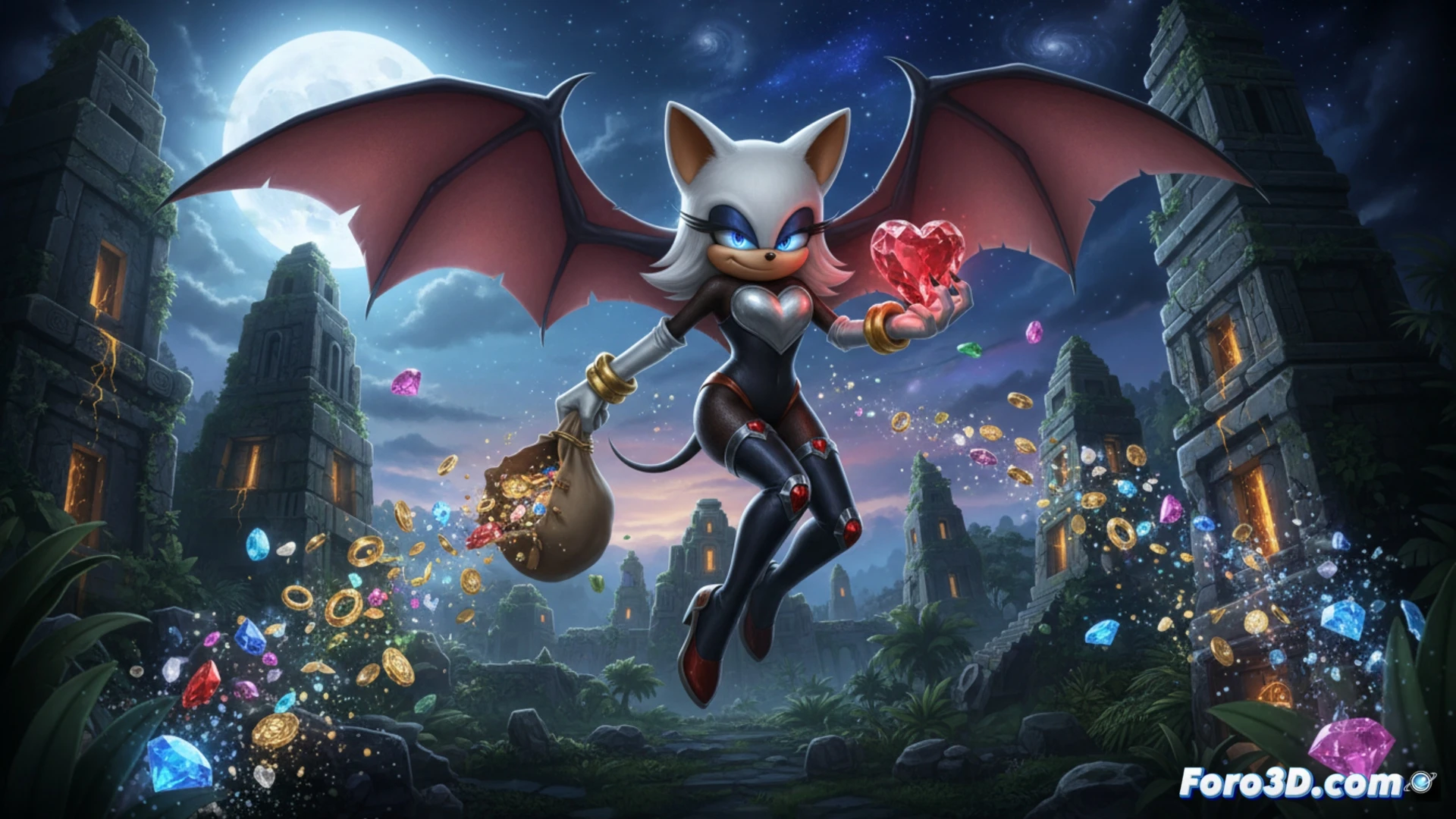 Una murciélago de pelaje blanco y actitud desafiante, con mirada astuta y joyas, posando entre sombras y luz.