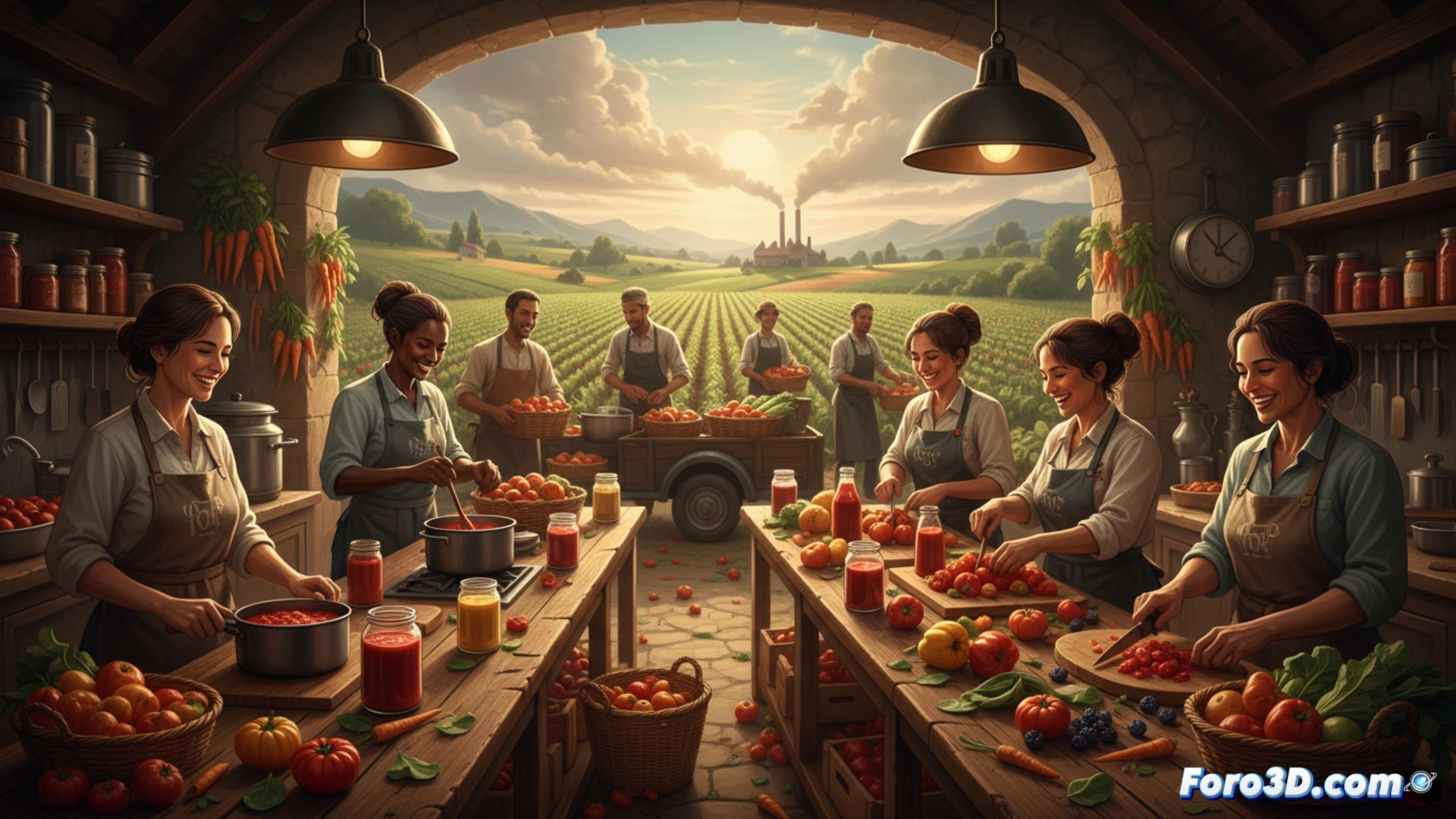 Una mujer sonríe mientras prepara conservas en una cocina industrial llena de frutas y verduras frescas.