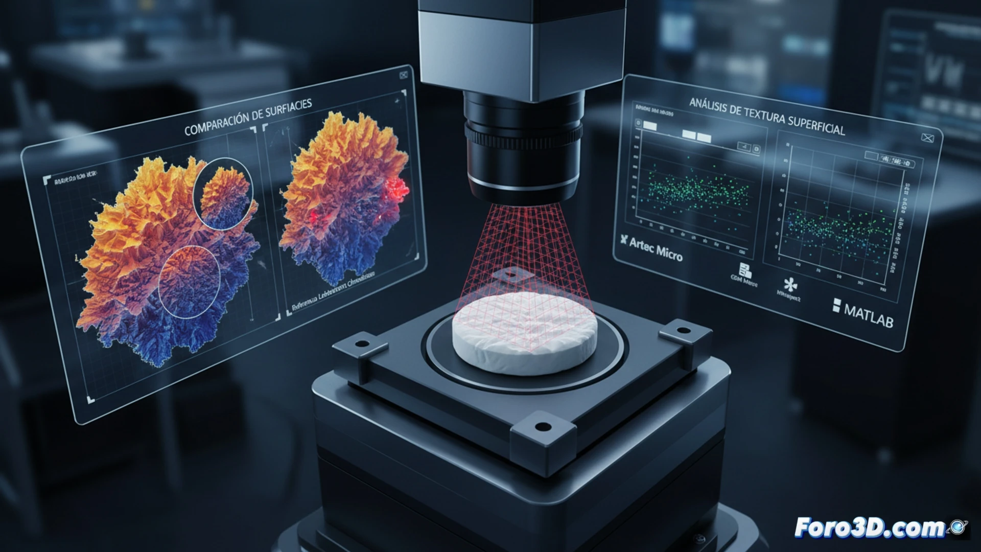 Escáner 3D analizando rugosidad de tableta farmacéutica para identificar falsificaciones por textura superficial