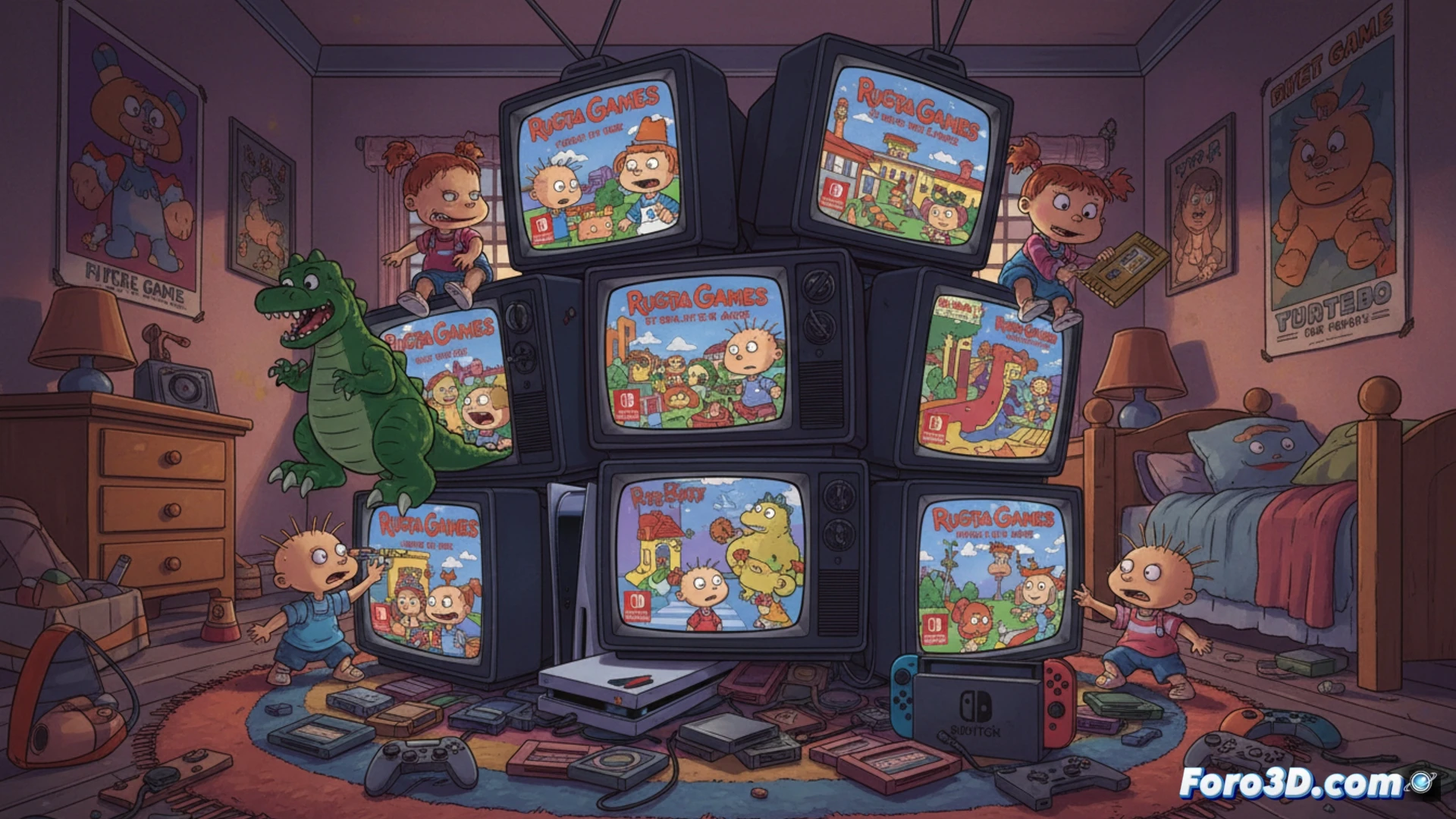Una consola PS5 y una Switch flanquean una caja retro con seis juegos de Rugrats, rodeada de pañales, galletas y un logo noventero.