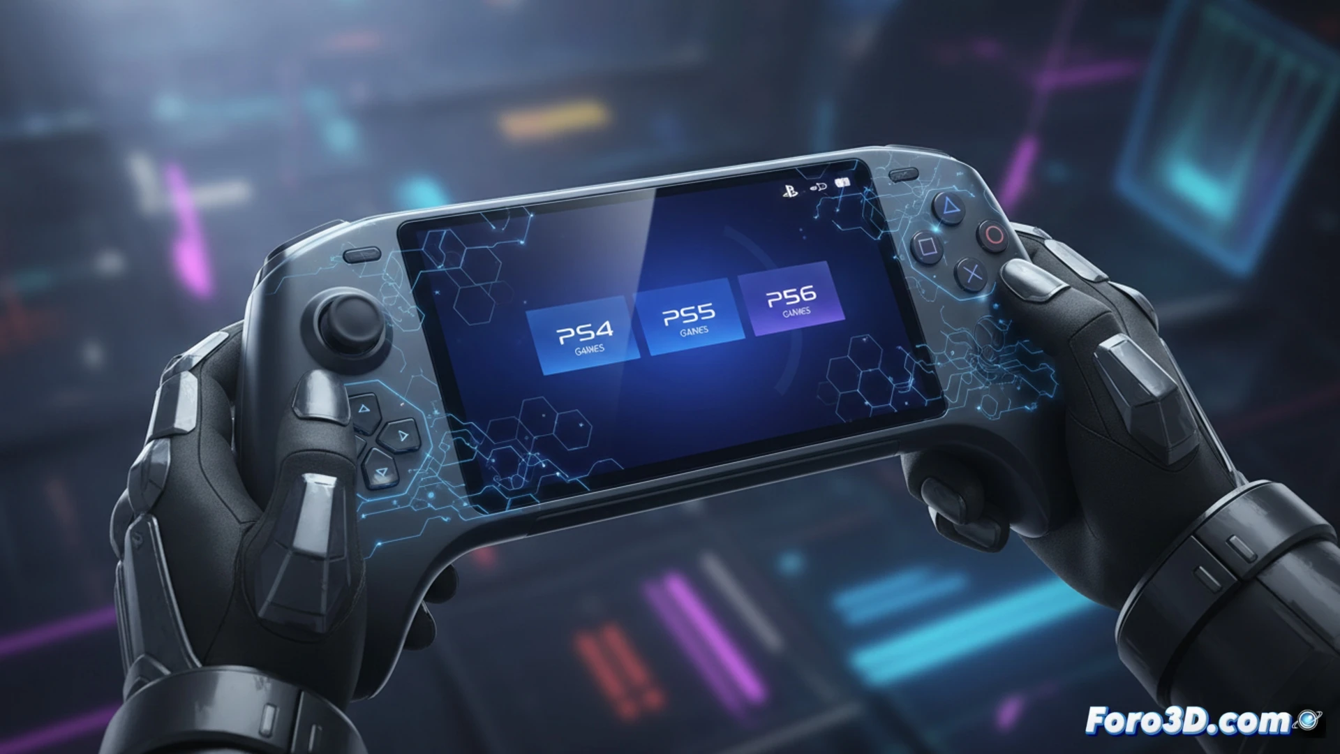 Concepto artístico de una consola portátil PlayStation futurista con pantalla OLED y diseño ergonómico.