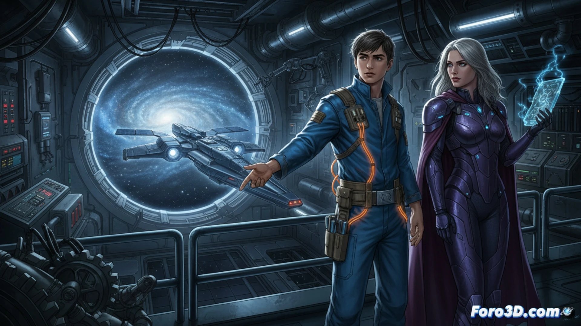 Ilustración de la novela gráfica de ciencia ficción Runaway to the Stars, mostrando a Kodiak y una fugitiva en una vibrante estación espacial.