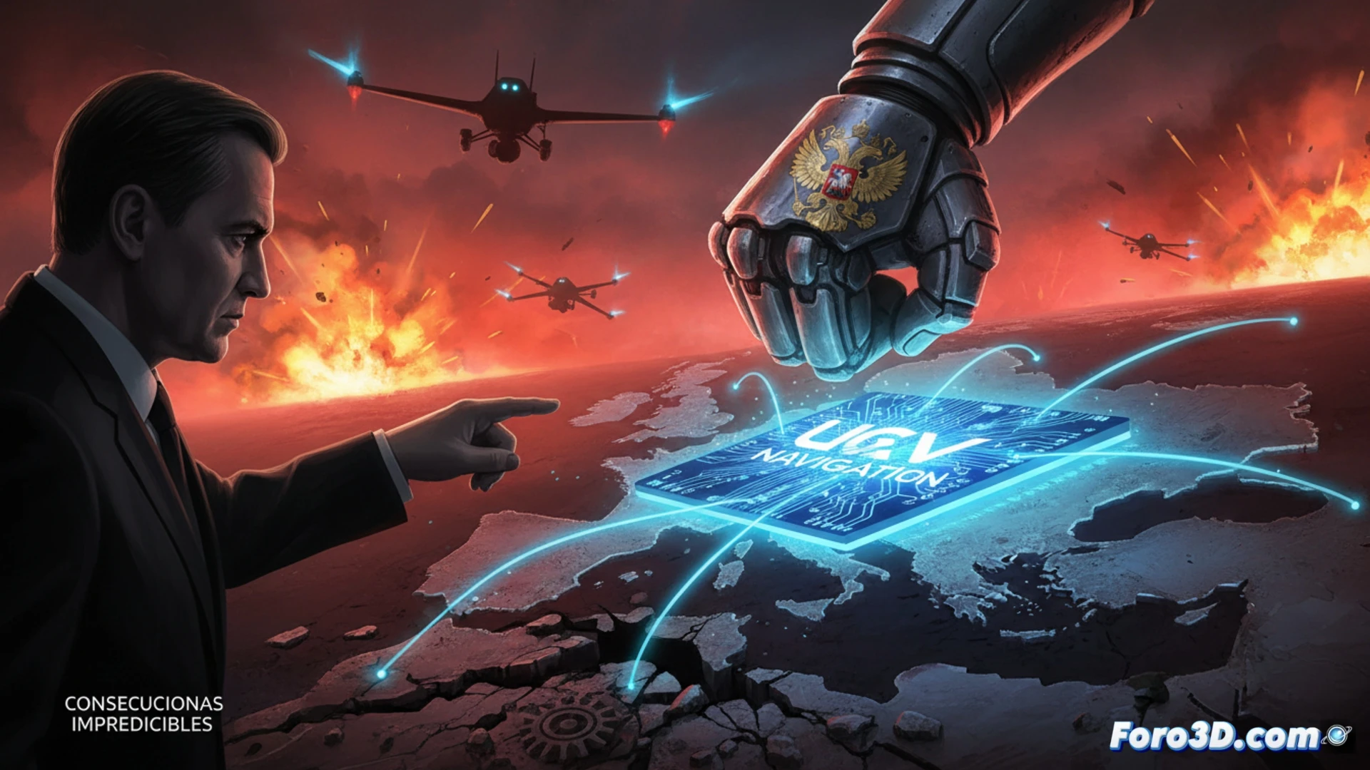 Un mapa de Europa con logotipos de empresas, incluyendo UAV Navigation, marcados como objetivos militares con símbolos rojos.