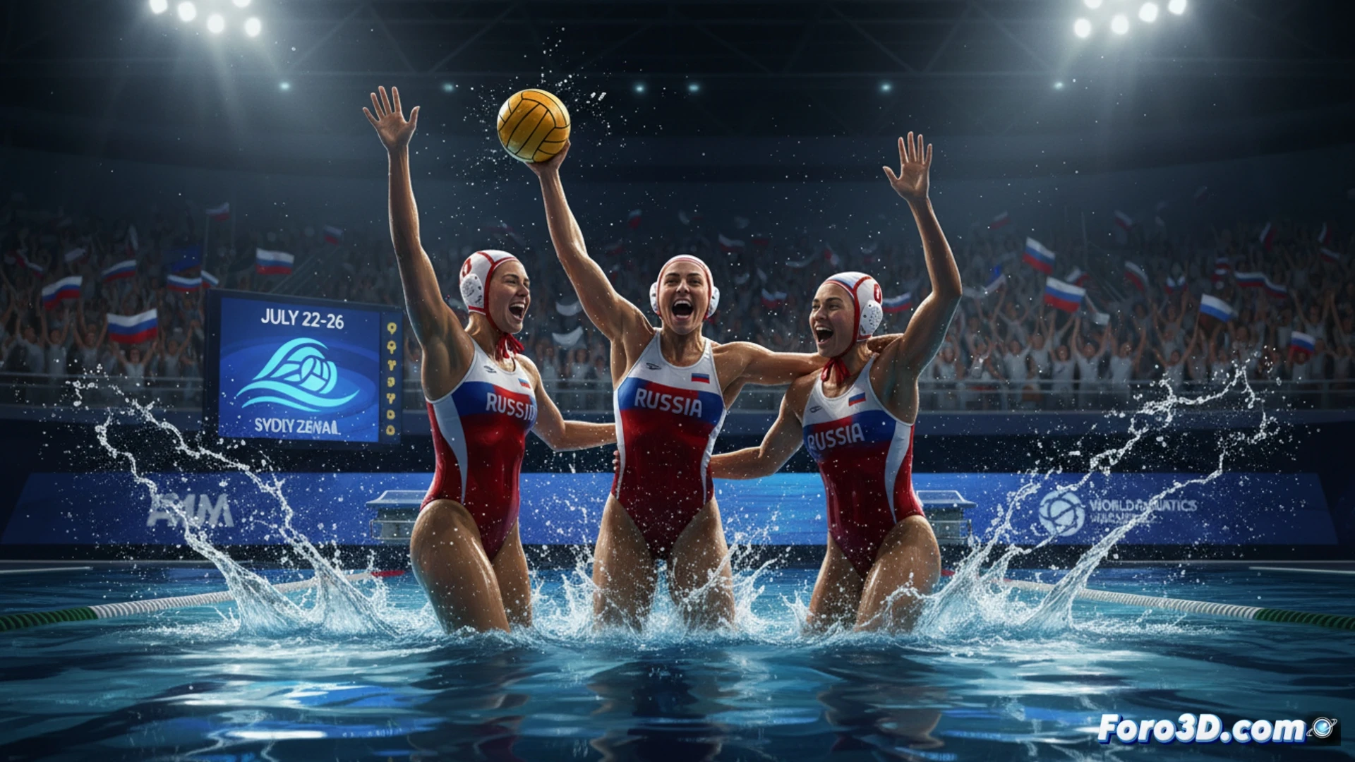 Una jugadora rusa de waterpolo lanza el balón con fuerza, rodeada de rivales en una piscina, bajo el cielo australiano.