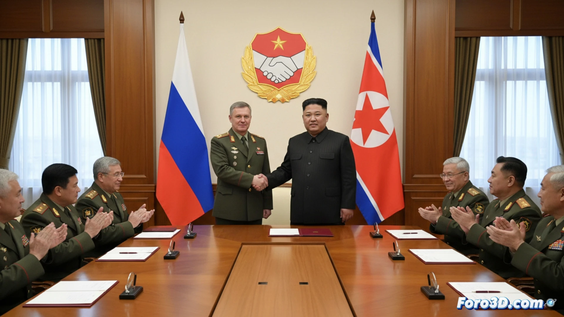 Dos líderes militares, uno ruso y otro norcoreano, estrechan sus manos sobre un mapa con rutas estratégicas.