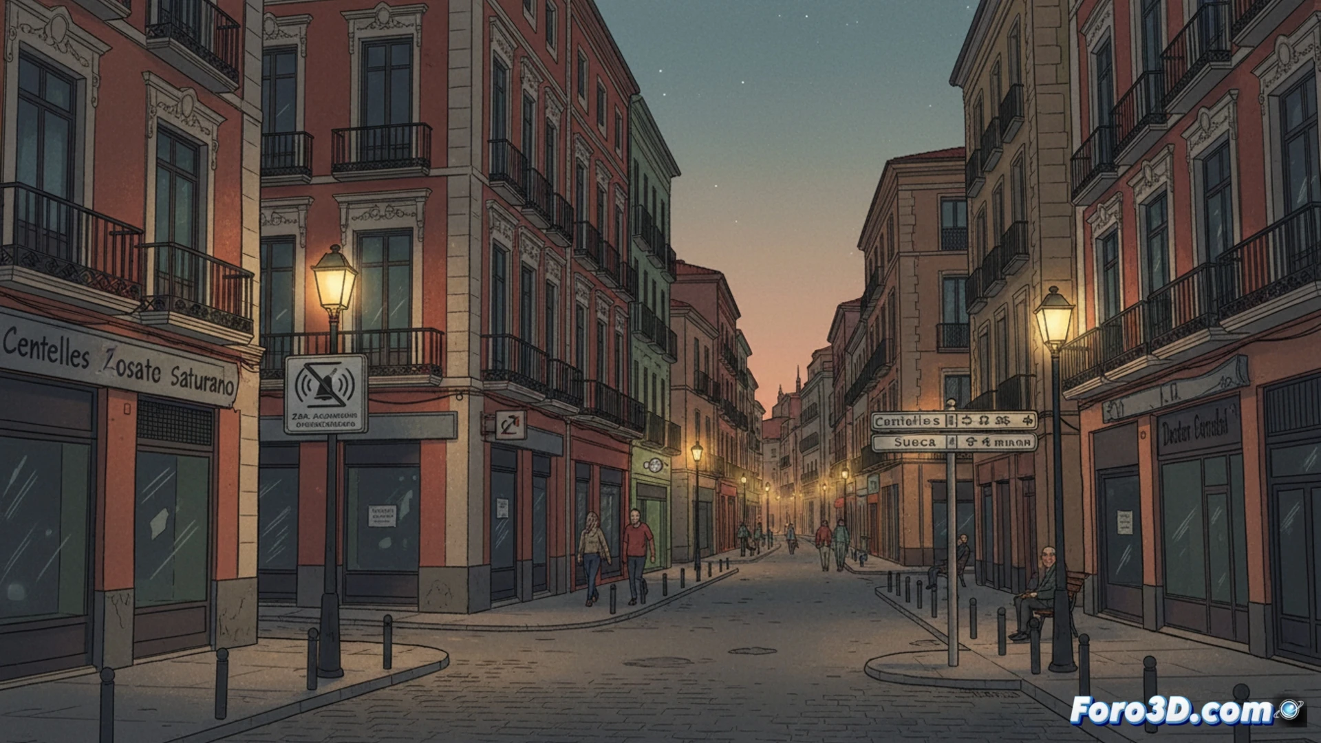 Una calle de Russafa al atardecer, con terrazas vacías y carteles de ZAS, contrasta el silencio y el tapeo detenido.