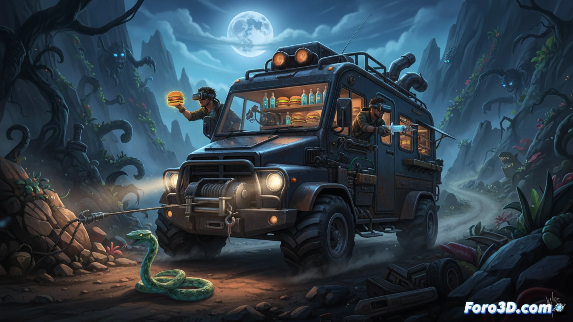 Una autocaravana roja avanza por un valle brumoso lleno de peligros, bajo un cielo anaranjado. Dentro, dos jugadores cooperan al volante y en el mapa.