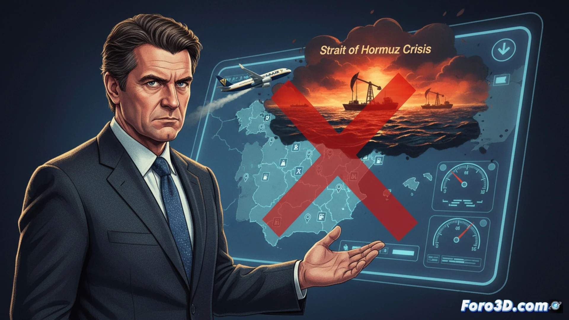 Un mapa de Europa con España señalada, un avión de Ryanair volando sobre el estrecho de Ormuz y gotas de combustible cayendo, simbolizando la amenaza de recortes.