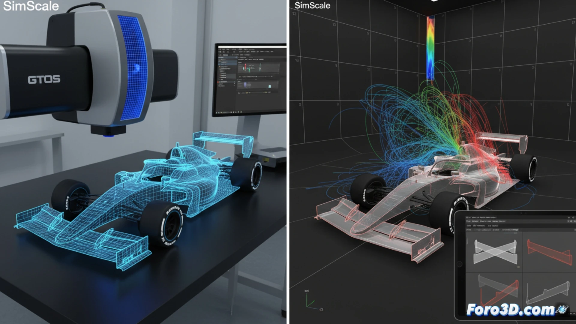 Alerón de F1 dañado con análisis microscópico y escaneo 3D para detectar sabotaje aerodinámico