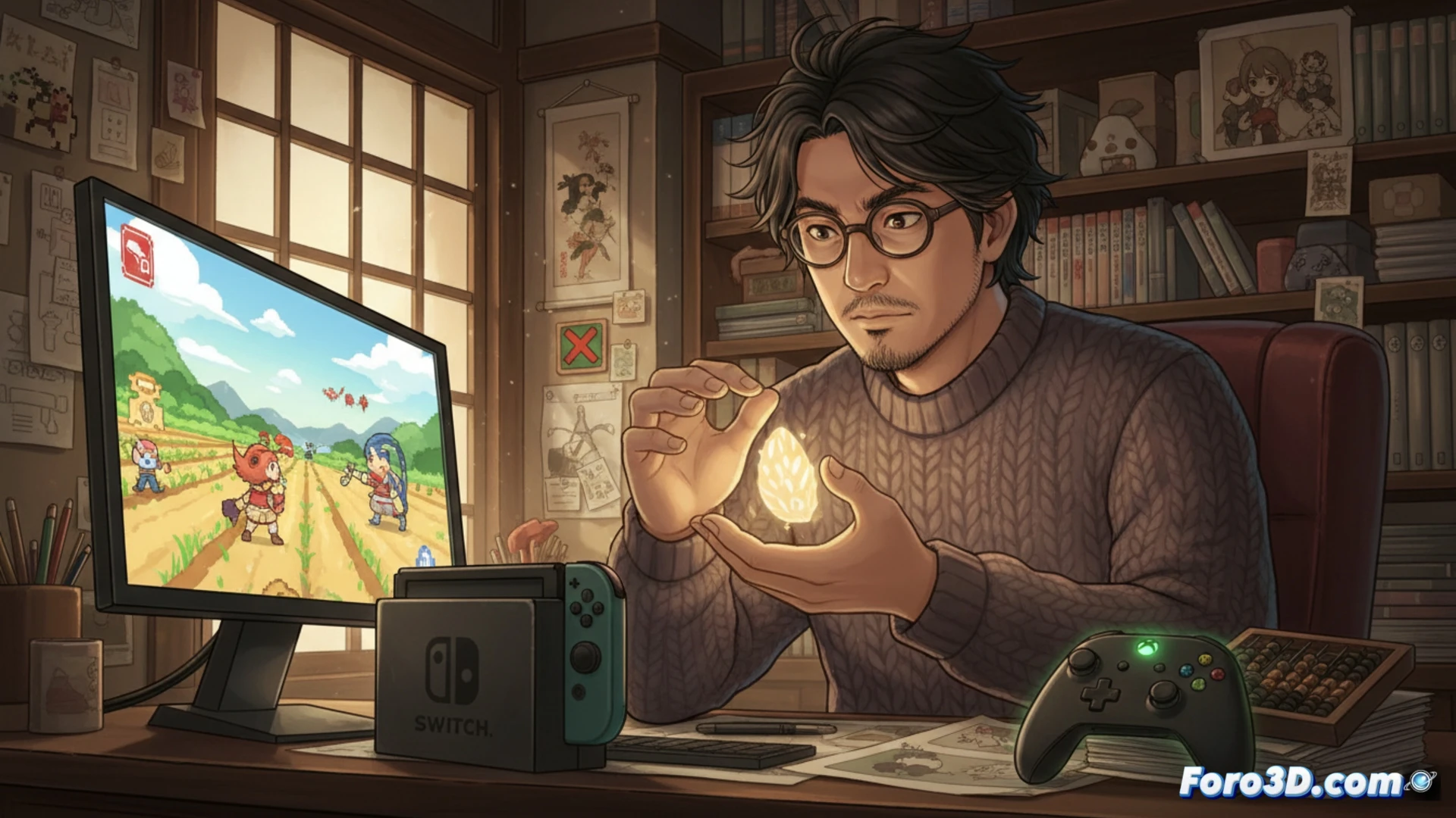 Un campo de arroz vacío y una consola Xbox apagada, con un cartel de 'no hay jugadores' y una planta seca.