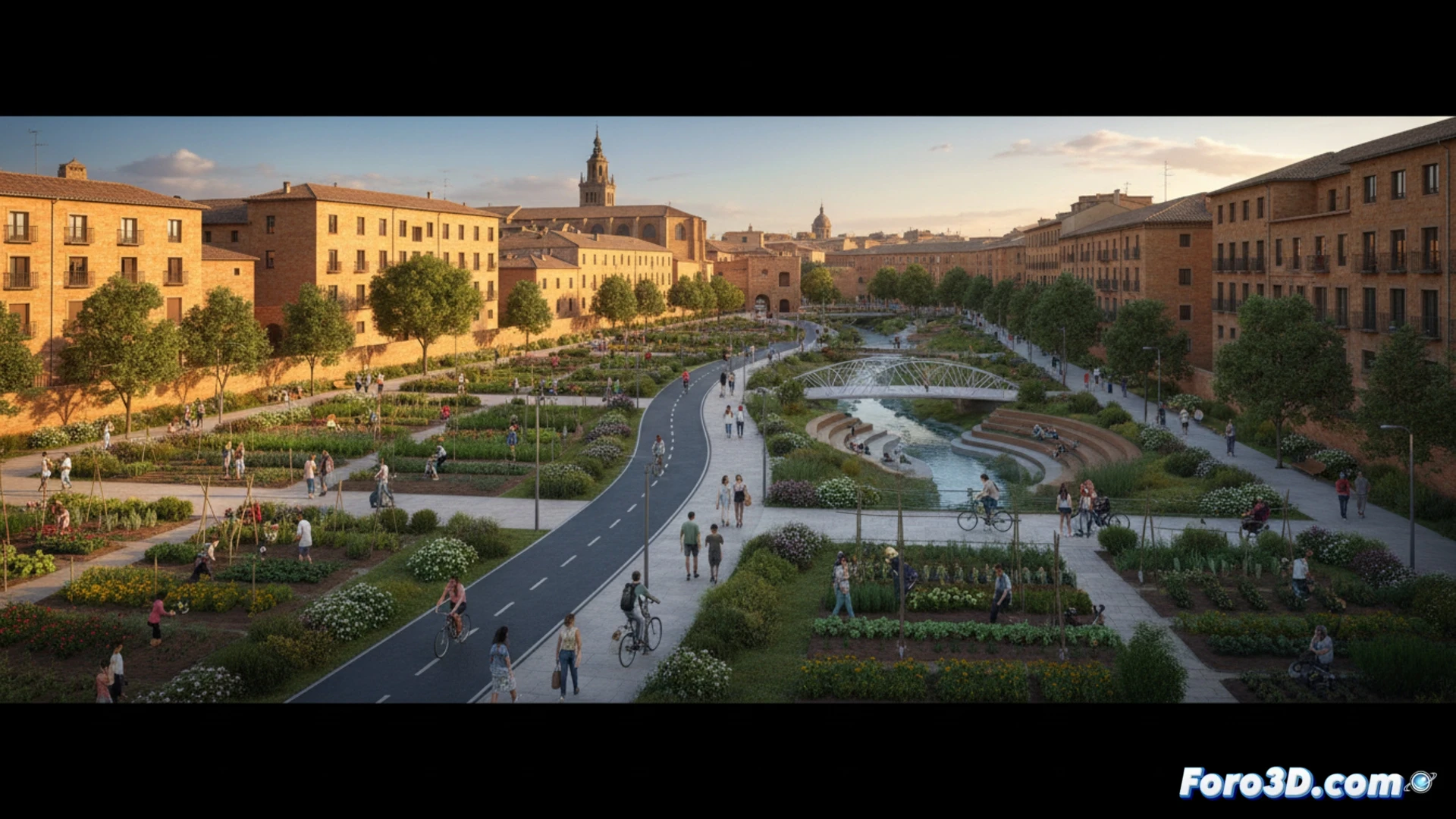 Un parque urbano con huertos ordenados y un carril bici, donde antes había un solar abandonado en Salamanca.