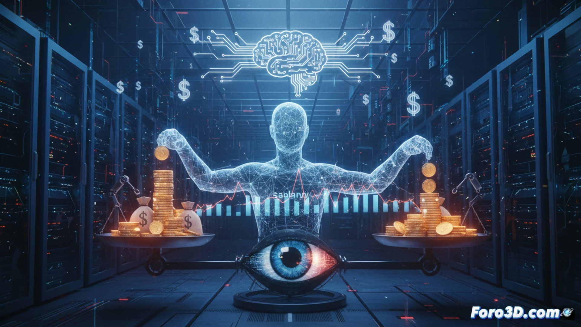 Una persona observa ansiosa su salario fluctuante en una pantalla, controlado por un ojo algorítmico omnipresente.