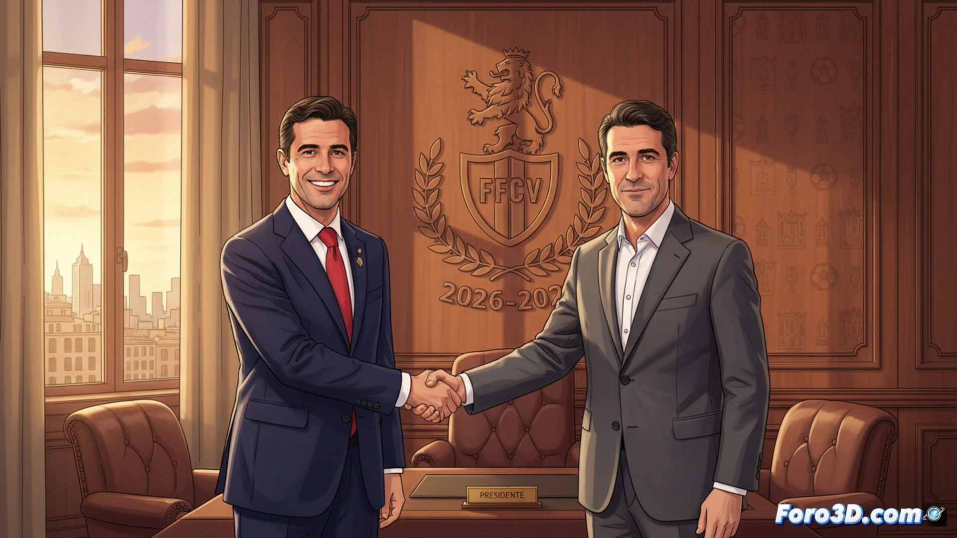 Salva Gomar, con gesto firme, levanta la mano tras ser reelegido presidente de la FFCV hasta 2030, ante asamblea.