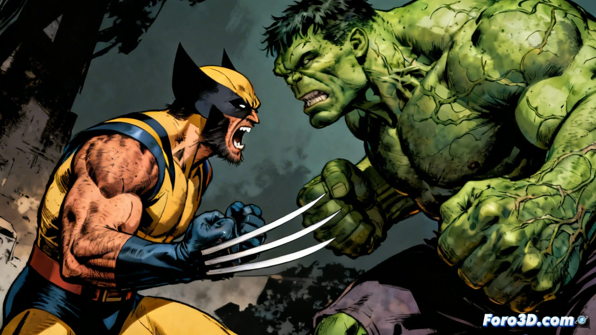 Ilustración expresionista de Wolverine y Hulk, con pinceladas gruesas y colores intensos, reflejando su psicología y bestialidad interna.