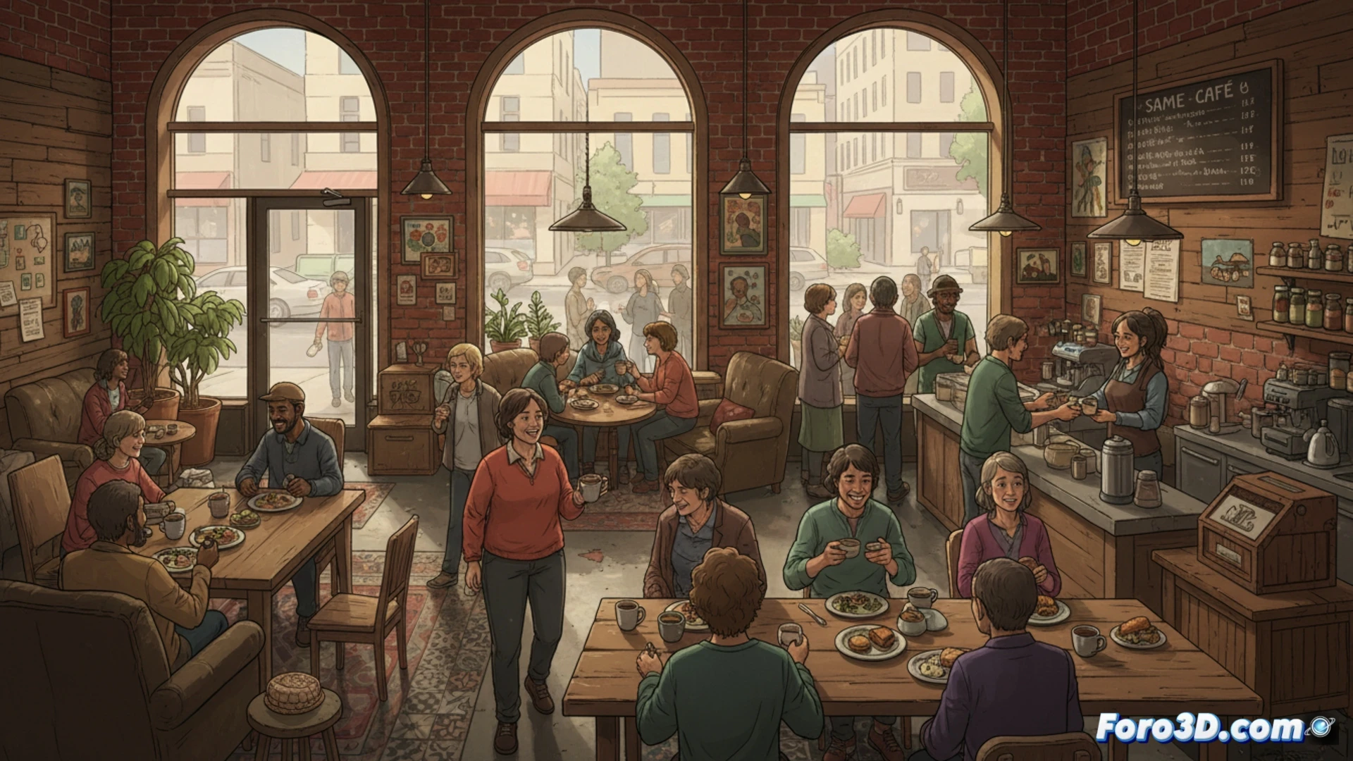 Una persona sirve comida en un mostrador, con clientes sonrientes y un letrero que invita a pagar según posibilidades.