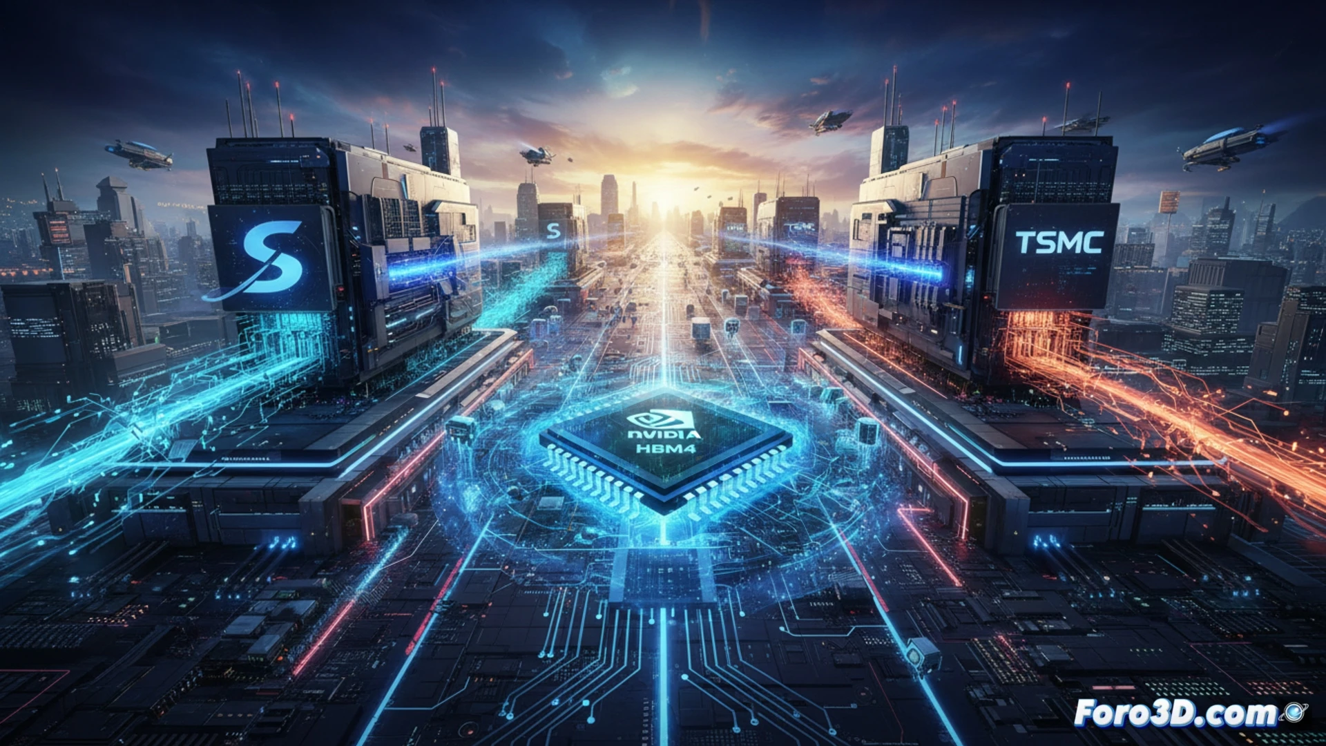 Una oblea de chips HBM4 sobre un fondo azul tecnológico, con logos de Samsung, NVIDIA y AMD brillando a su alrededor.