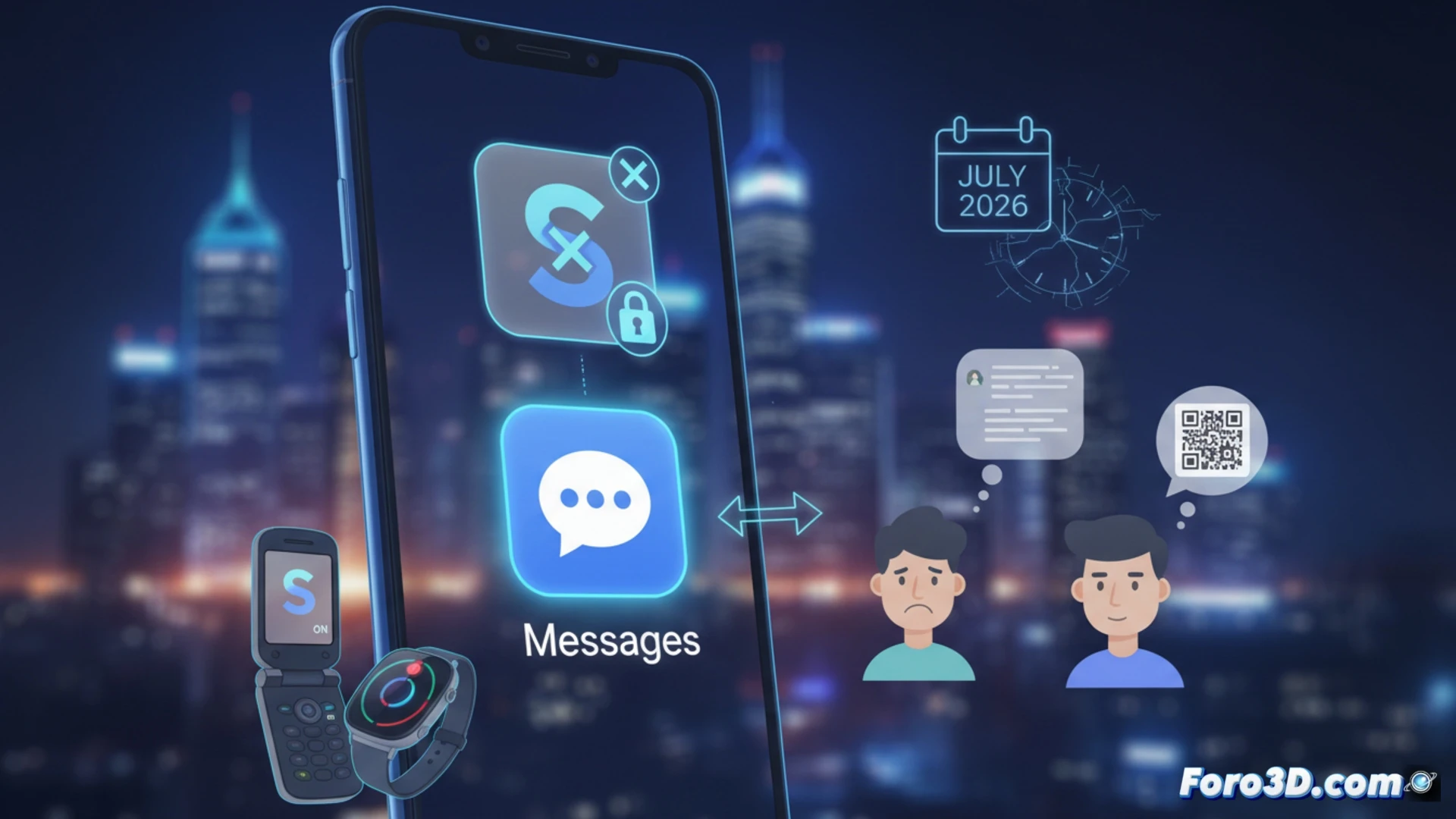 Un teléfono Samsung muestra un mensaje de despedida de su app nativa, con el logo de Google Messages al fondo.