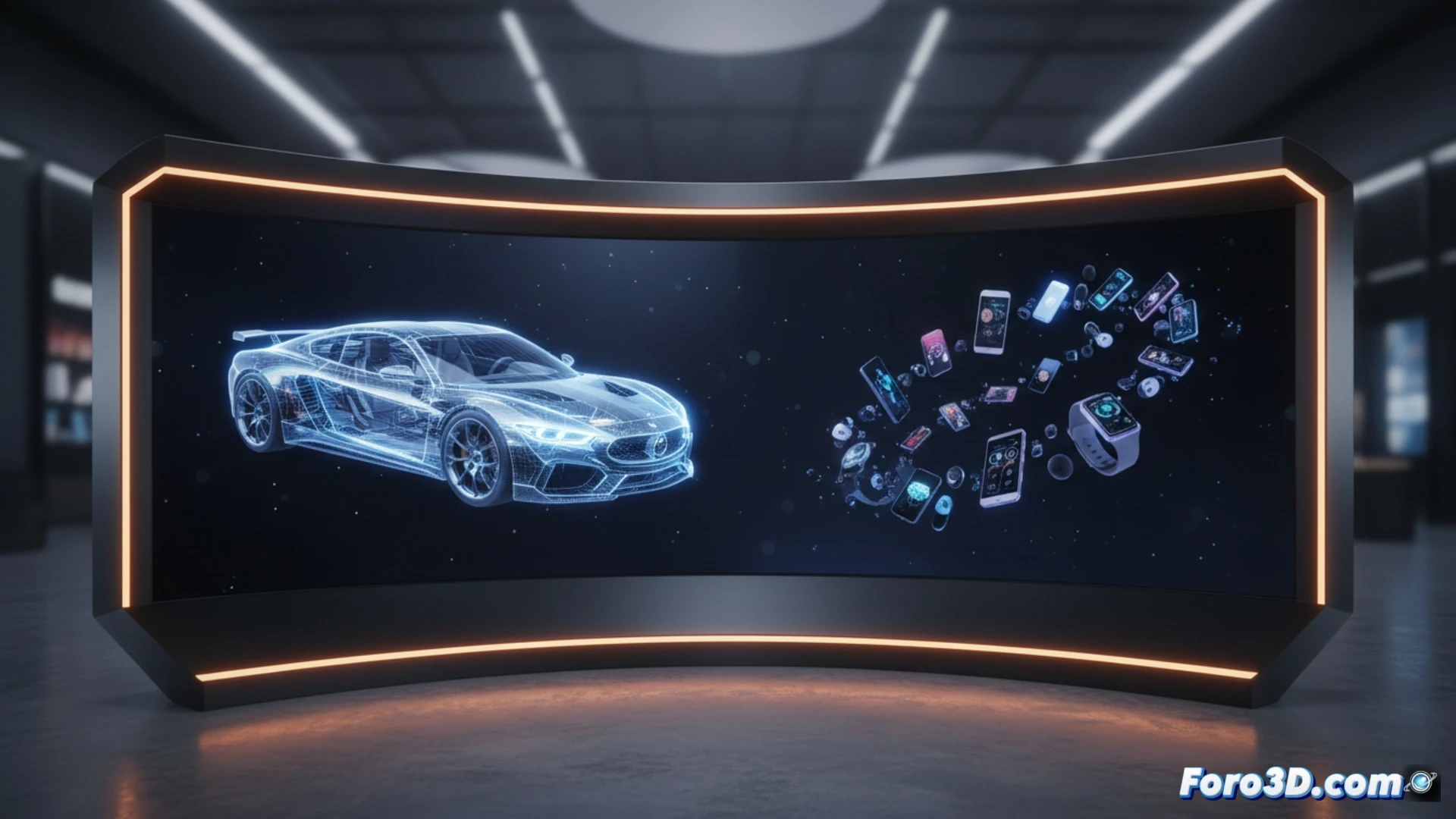 Pantalla comercial Samsung Spatial Signage mostrando un modelo 3D de un automóvil sin necesidad de gafas especiales.