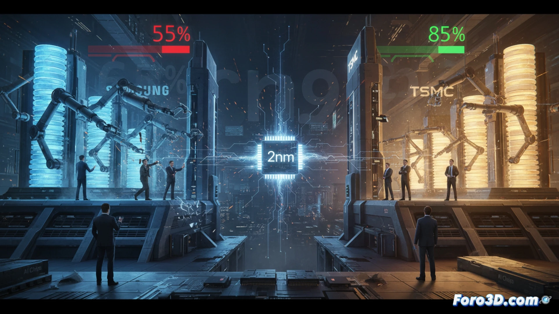 Una oblea de chip con un 60% marcado en rojo, opacada por el logo de TSMC que brilla más.