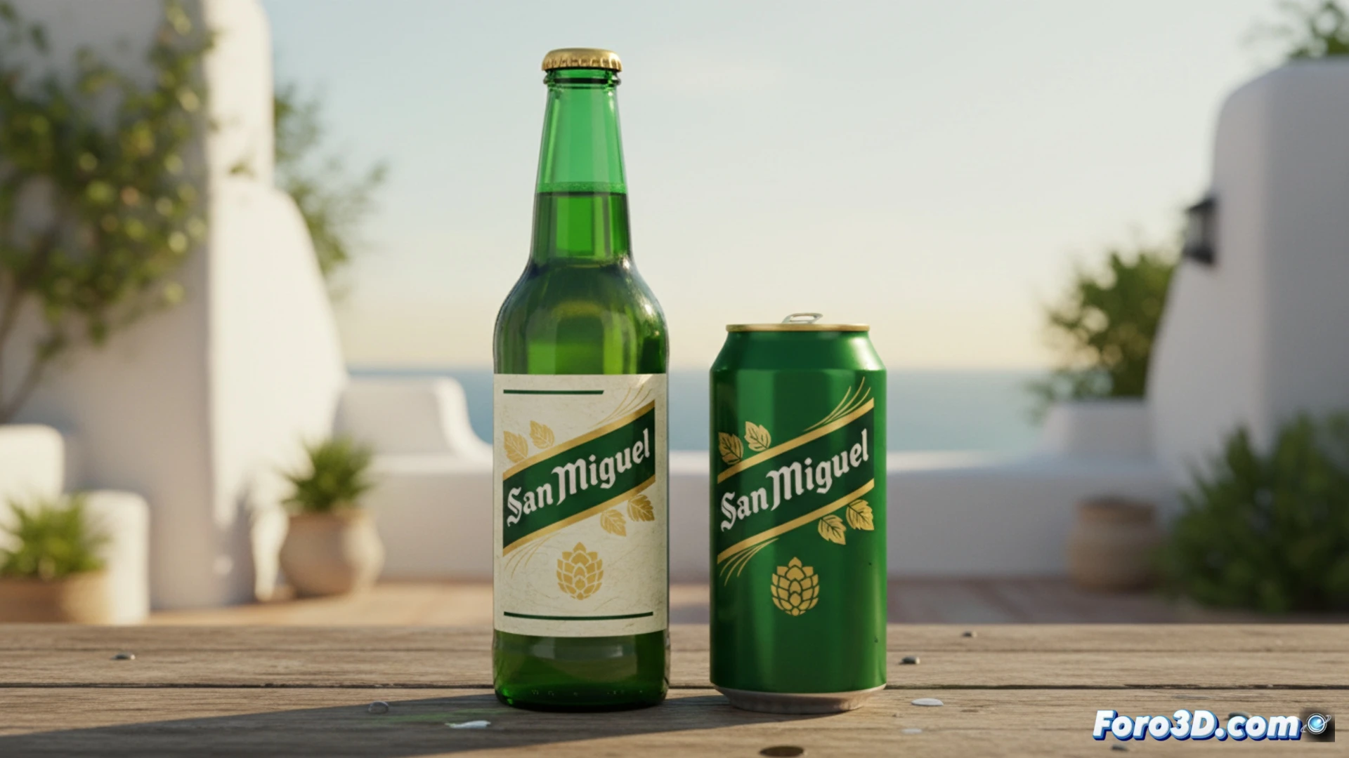 Una botella de San Miguel con nuevo diseño, etiqueta verde más vibrante y pulida, destacando en un lineal iluminado.