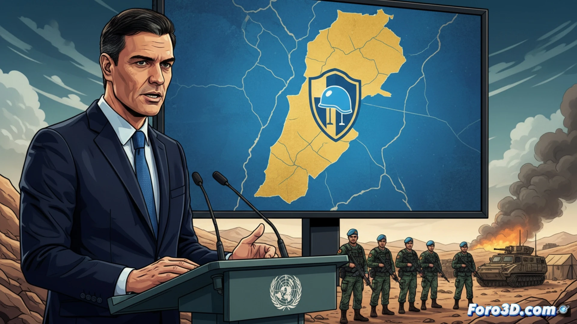 Pedro Sánchez en rueda de prensa exigiendo el cese de ataques a la FINUL, con soldados españoles de fondo.