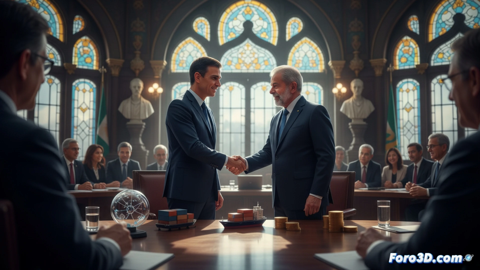 El presidente Sánchez conversa con Lula en una sala de reuniones, rodeados de sus equipos diplomáticos.