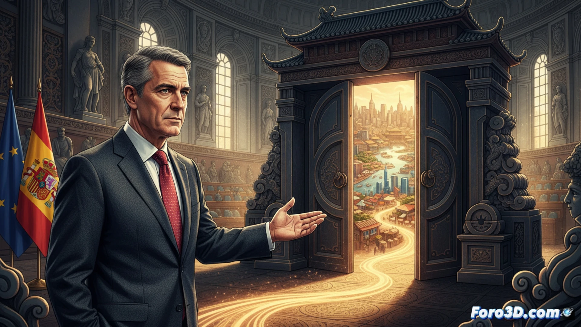 El presidente español habla ante un podio con banderas, pidiendo apertura económica a China para aliviar la crisis en Europa.