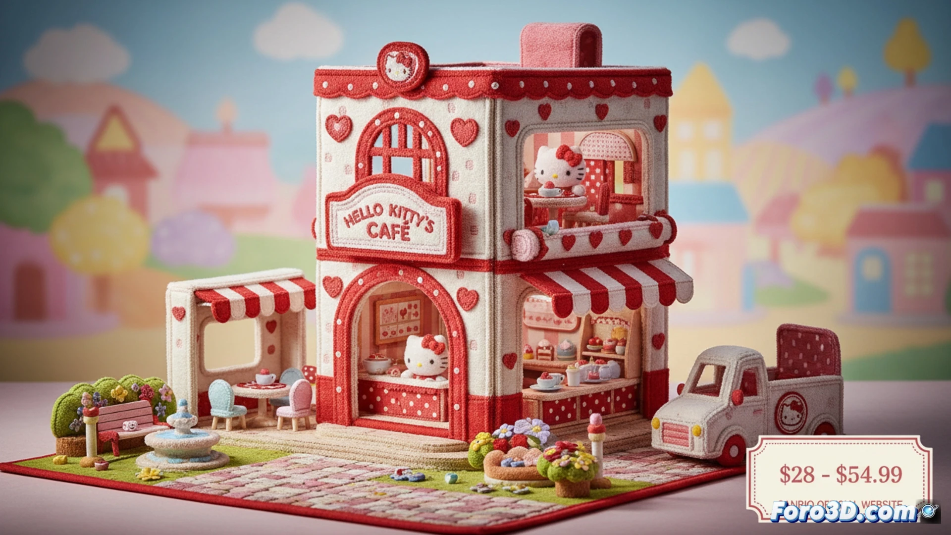 Dioramas de escenas animadas de Sanrio, con cafetería de Hello Kitty y casa de Cinnamoroll, para jugar con peluches o de forma independiente.