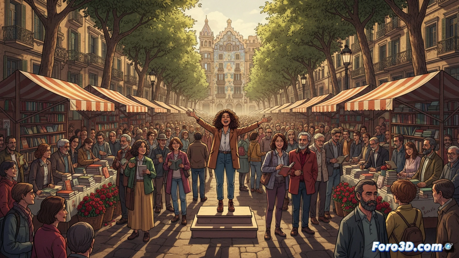 Una calle abarrotada de Barcelona bajo toldos rojos; filas de lectores con libros esperan a autores como Almodóvar, entre rosas y puestos.