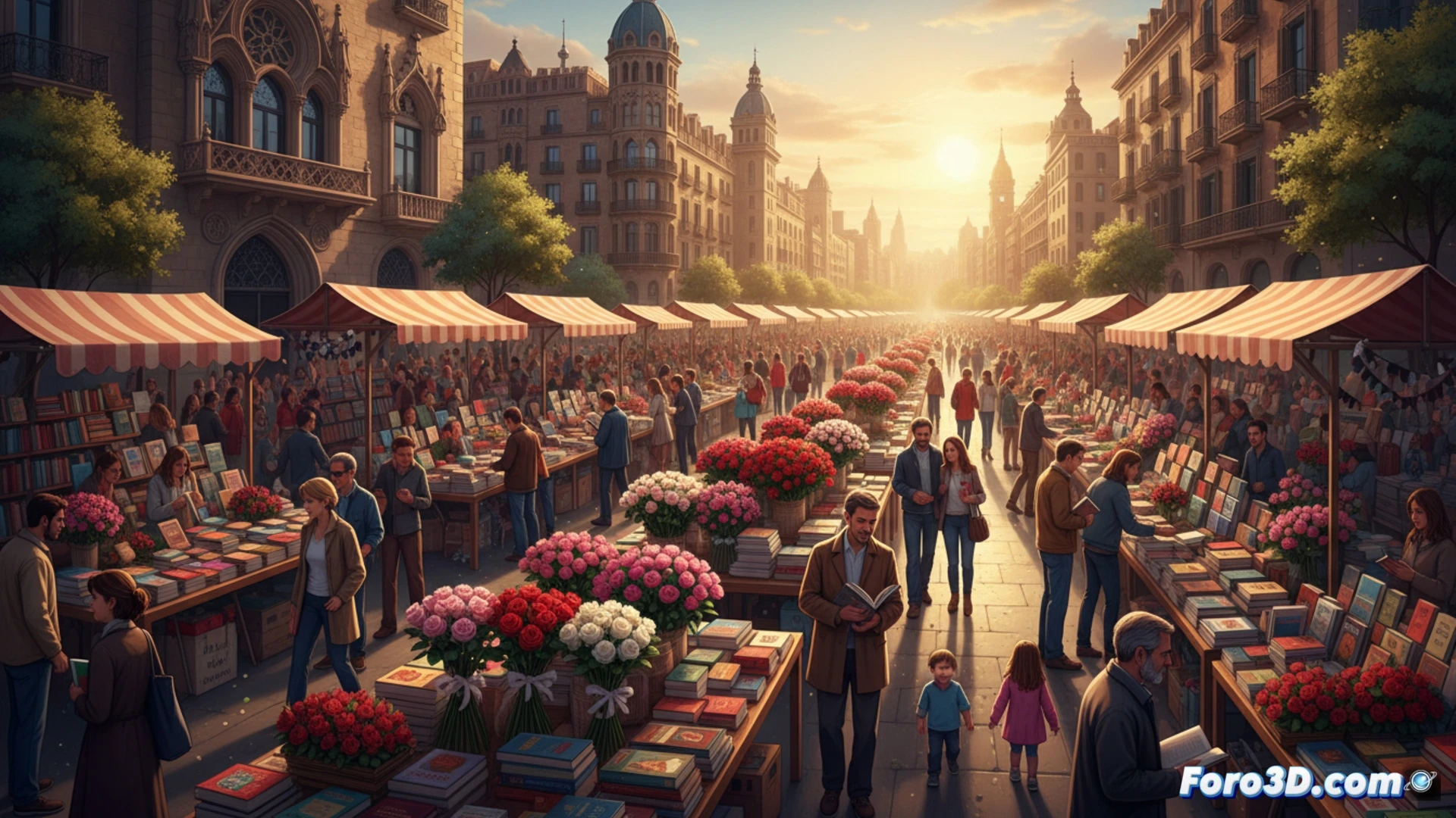 Una multitud pasea entre largas filas de paradas de libros y rosas en una calle barcelonesa adornada con banderas.