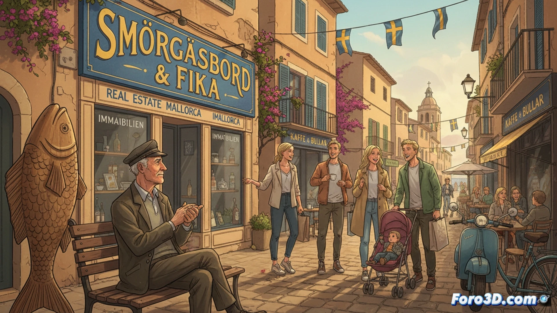 Vista aerea del barrio de Santa Catalina en Palma, con edificios tradicionales y terrazas llenas de turistas y residentes nordicos.