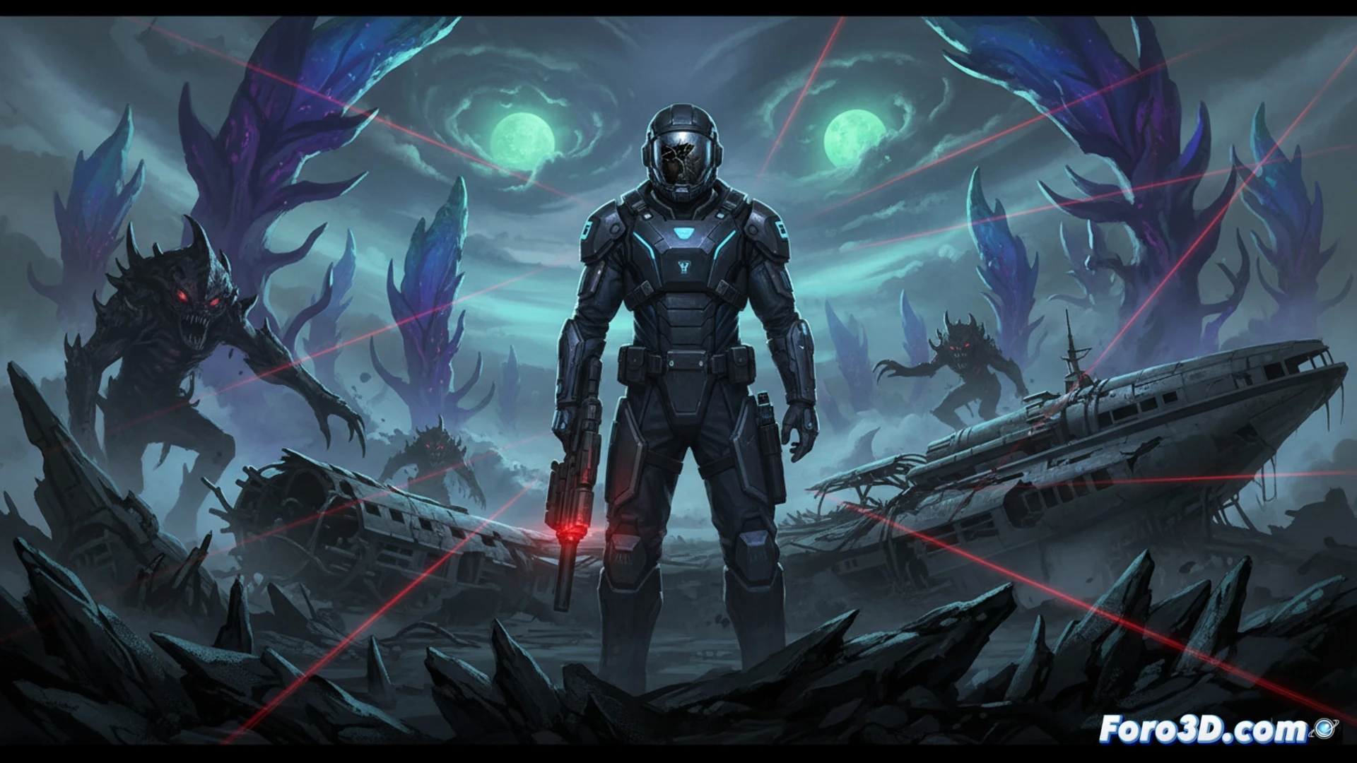 Un agente caído yace entre escombros humeantes en Carcosa, con monstruos biomecánicos acechando tras una luz roja pulsante.