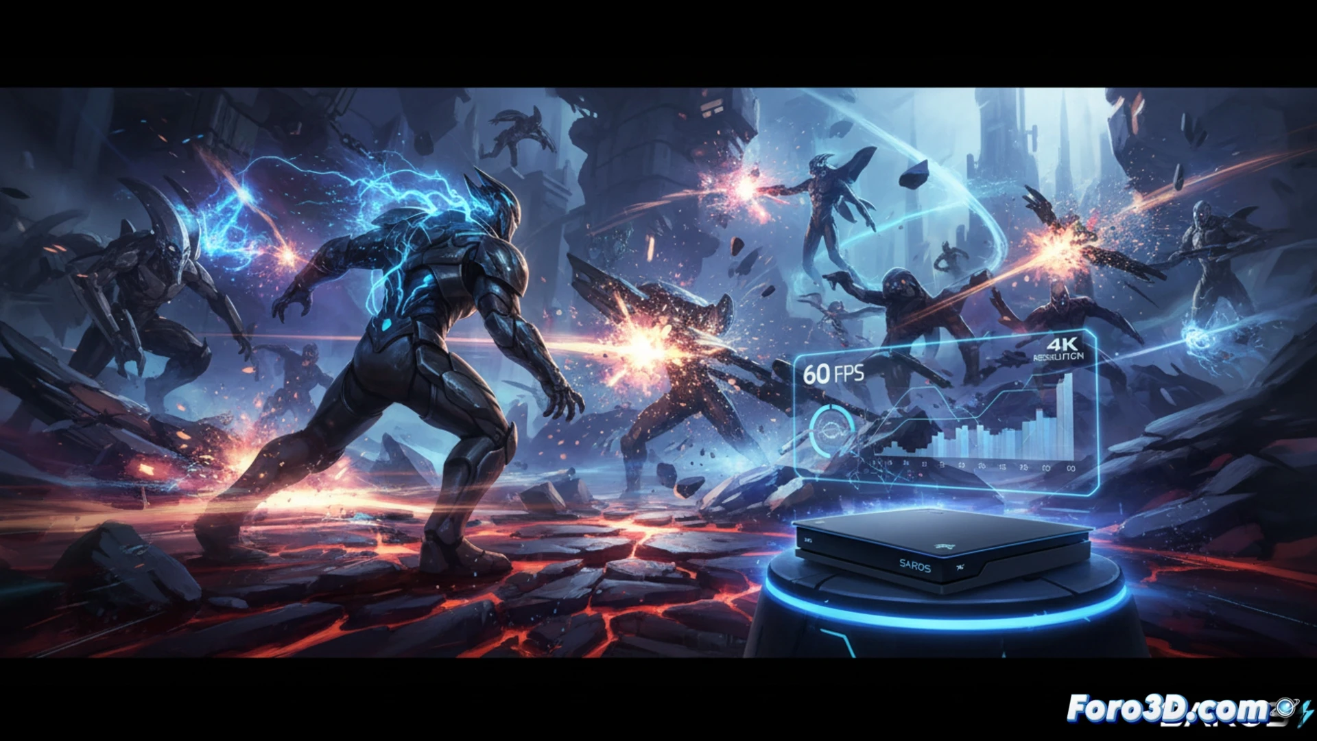 Un jugador en acción en Saros sobre PS5 Pro, con 60 fps fluidos y una explosión de partículas brillantes en 4K.