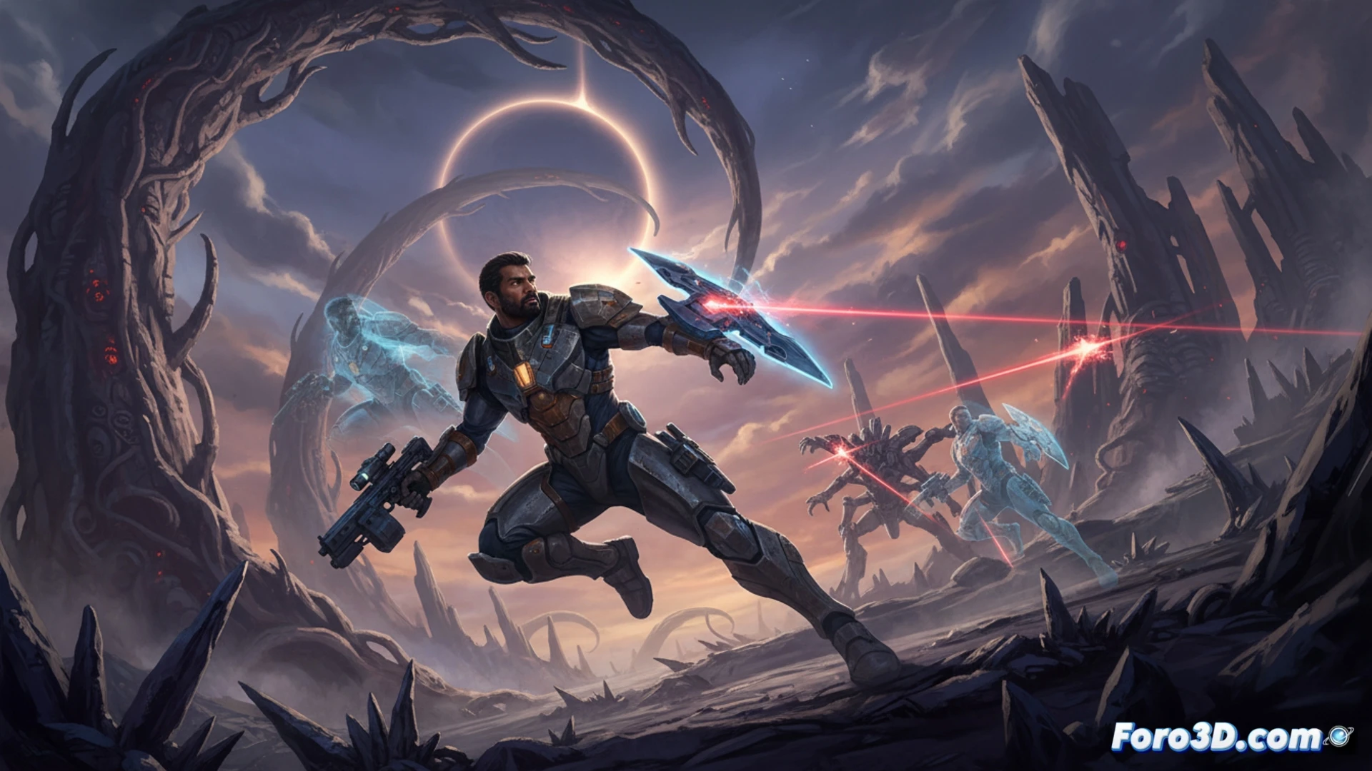 Un guerrero Soltari empuña un arma brillante en Carcosa, bajo un eclipse siniestro, mientras un resucitador revive aliados caídos.