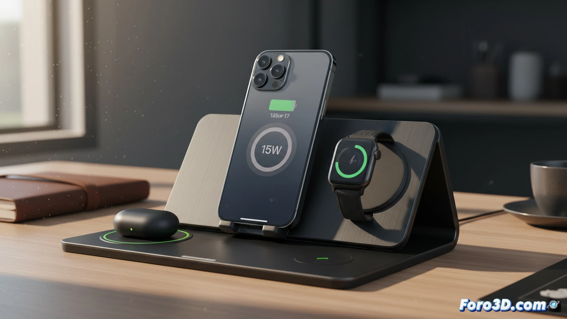 Un soporte plegable de carga inalámbrica 3 en 1, con el nuevo estándar Qi2.2 para cargar un smartphone, auriculares y un reloj inteligente simultáneamente.